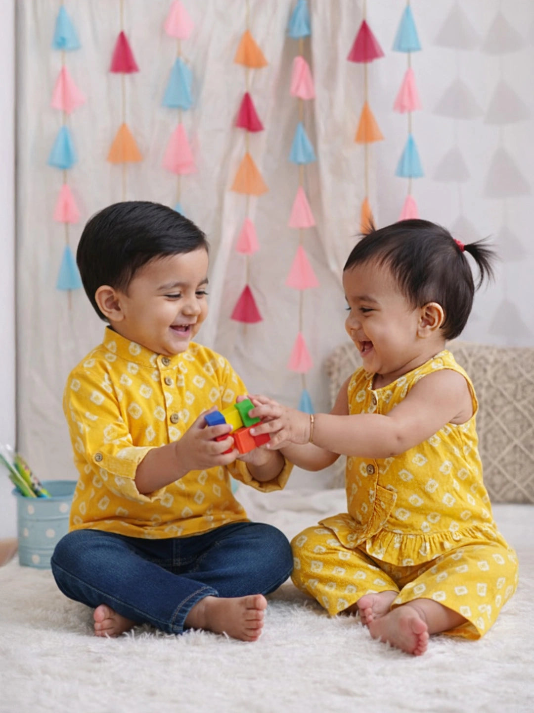 BownBee Pure Cotton Bandhani Print Short Kurta & Crop top With Palazzo For Infants - Yellow