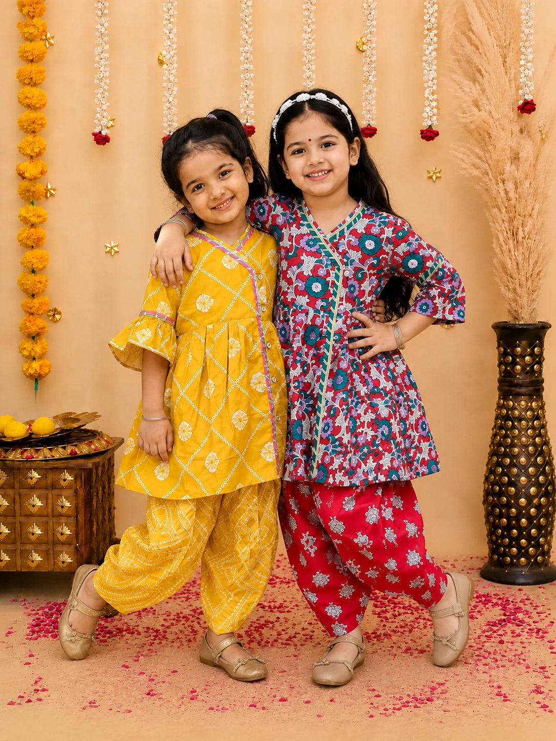 Pure Cotton Angarakha Kurti With Dhoti Sibling Set Red & Mustard Combo
