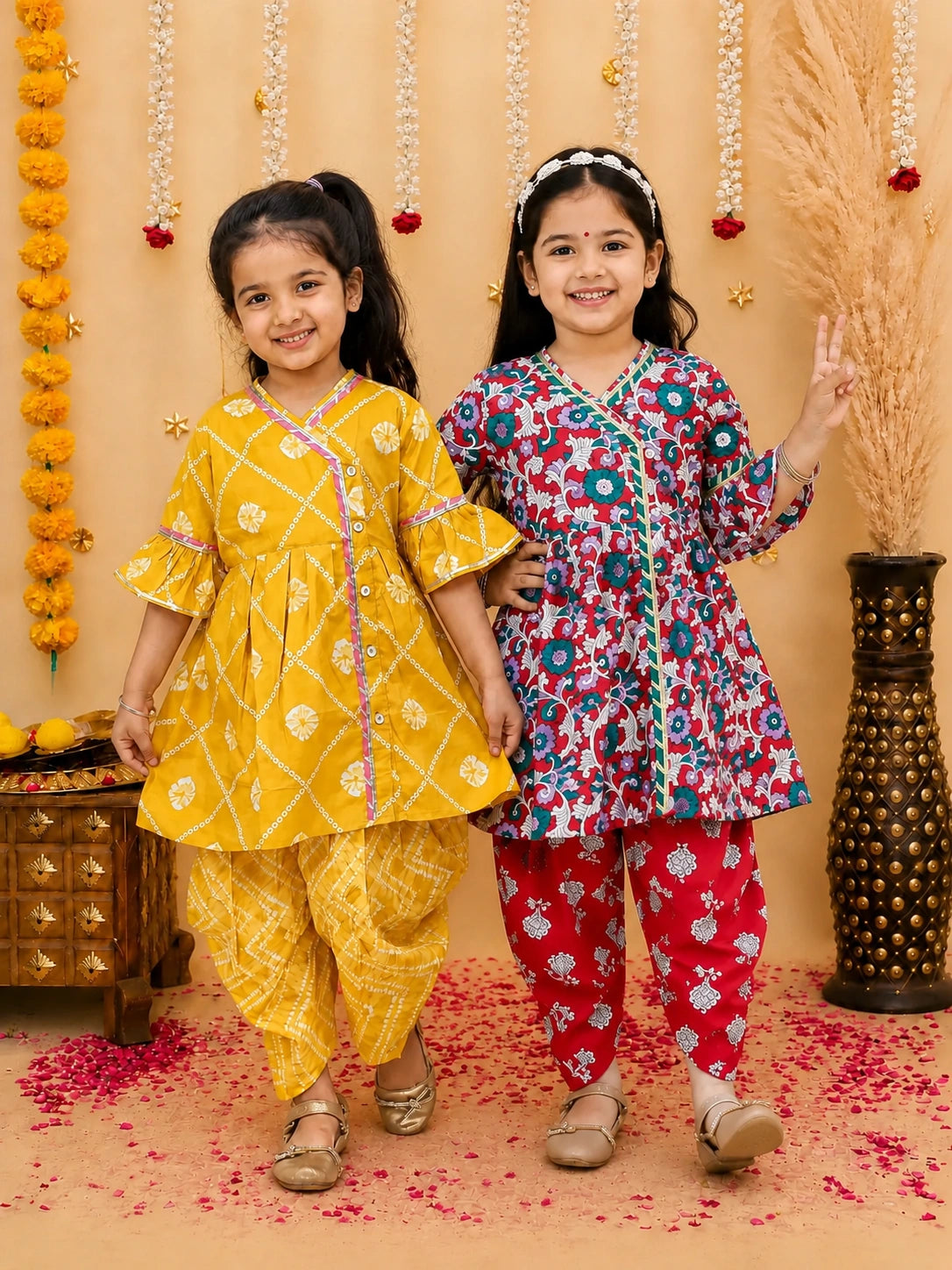 Pure Cotton Angarakha Kurti With Dhoti Sibling Set Red & Mustard Combo