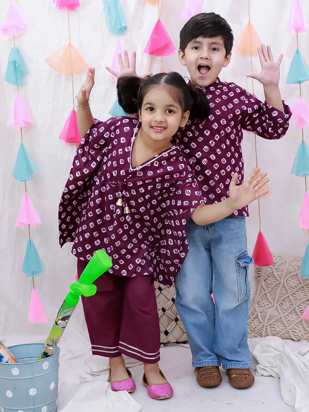 BownBee Pure cotton Bandhani Short Kurta & Kaftan With Palazzo Sibling Set - Purple