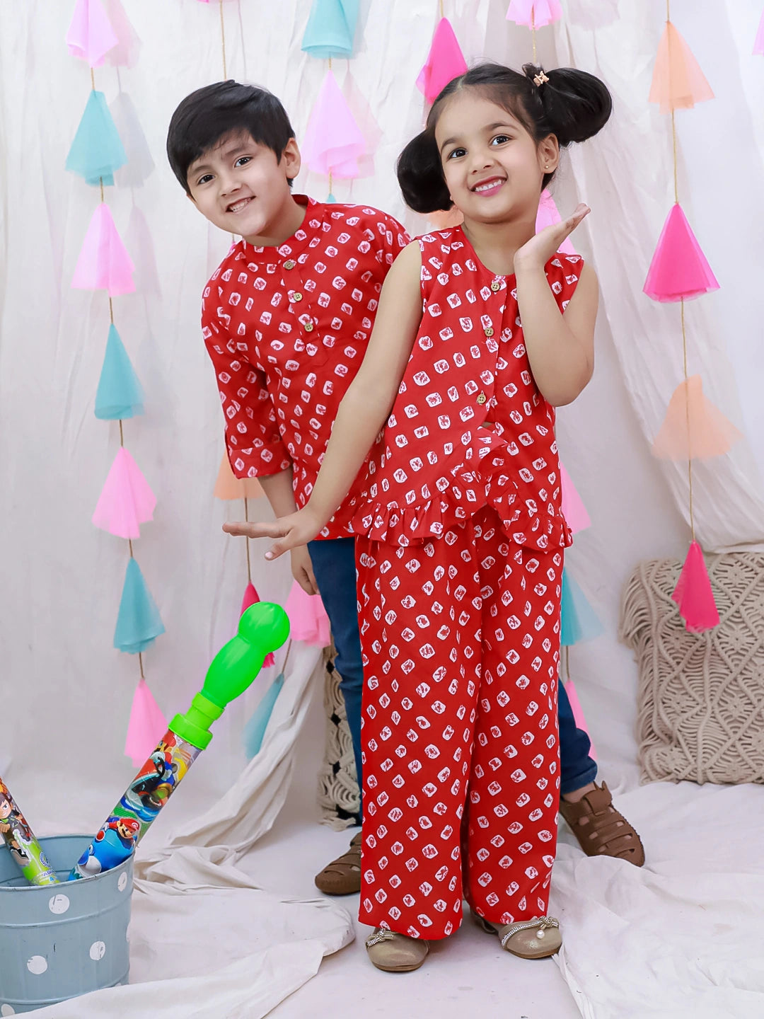BownBee Pure cotton Bandhani Short Kurta & Crop Top  With Palazzo Sibling Set - Red