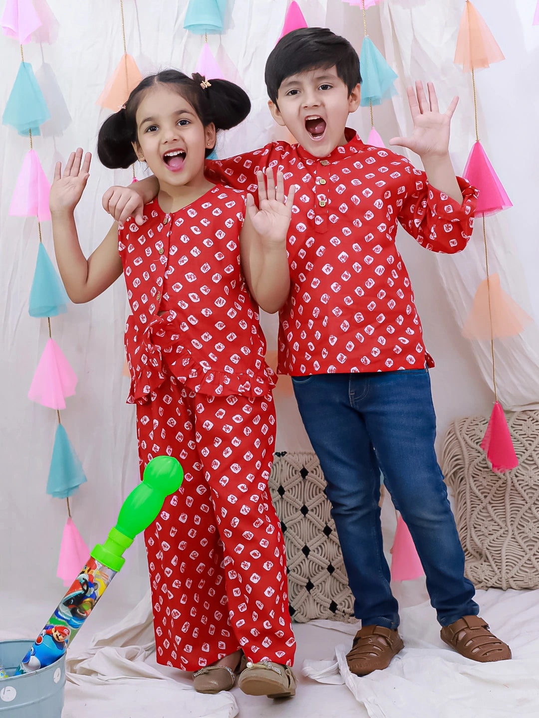 BownBee Pure cotton Bandhani Short Kurta & Crop Top  With Palazzo Sibling Set - Red