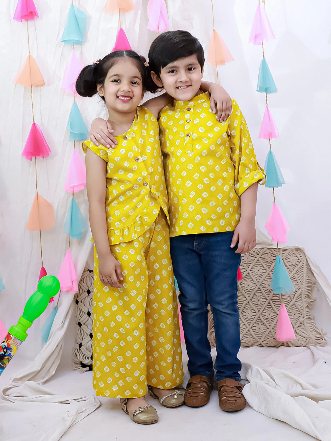 BownBee Pure cotton Bandhani Short Kurta & Crop Top  With Palazzo Sibling Set - Yellow
