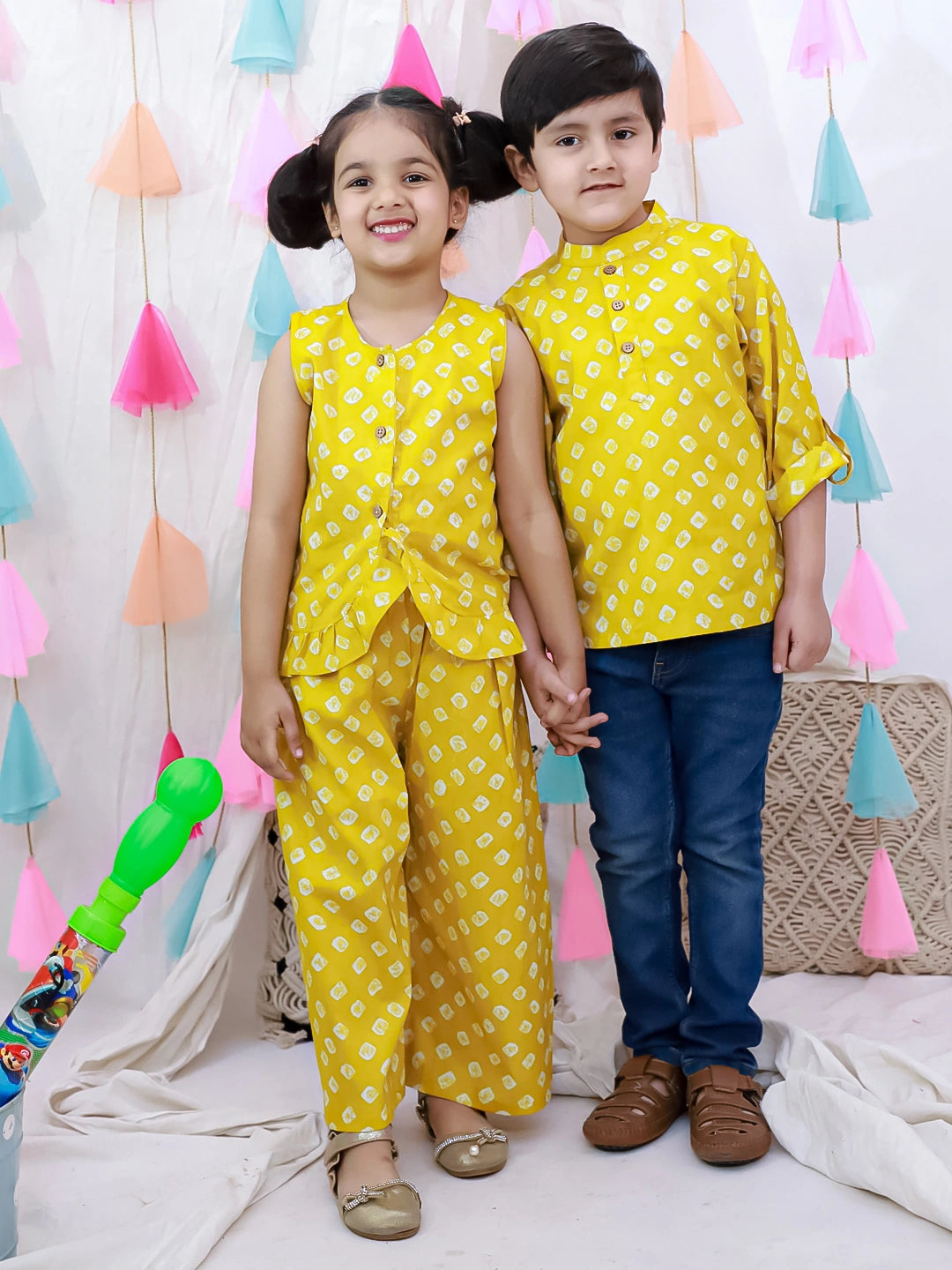 BownBee Pure cotton Bandhani Short Kurta & Crop Top  With Palazzo Sibling Set - Yellow