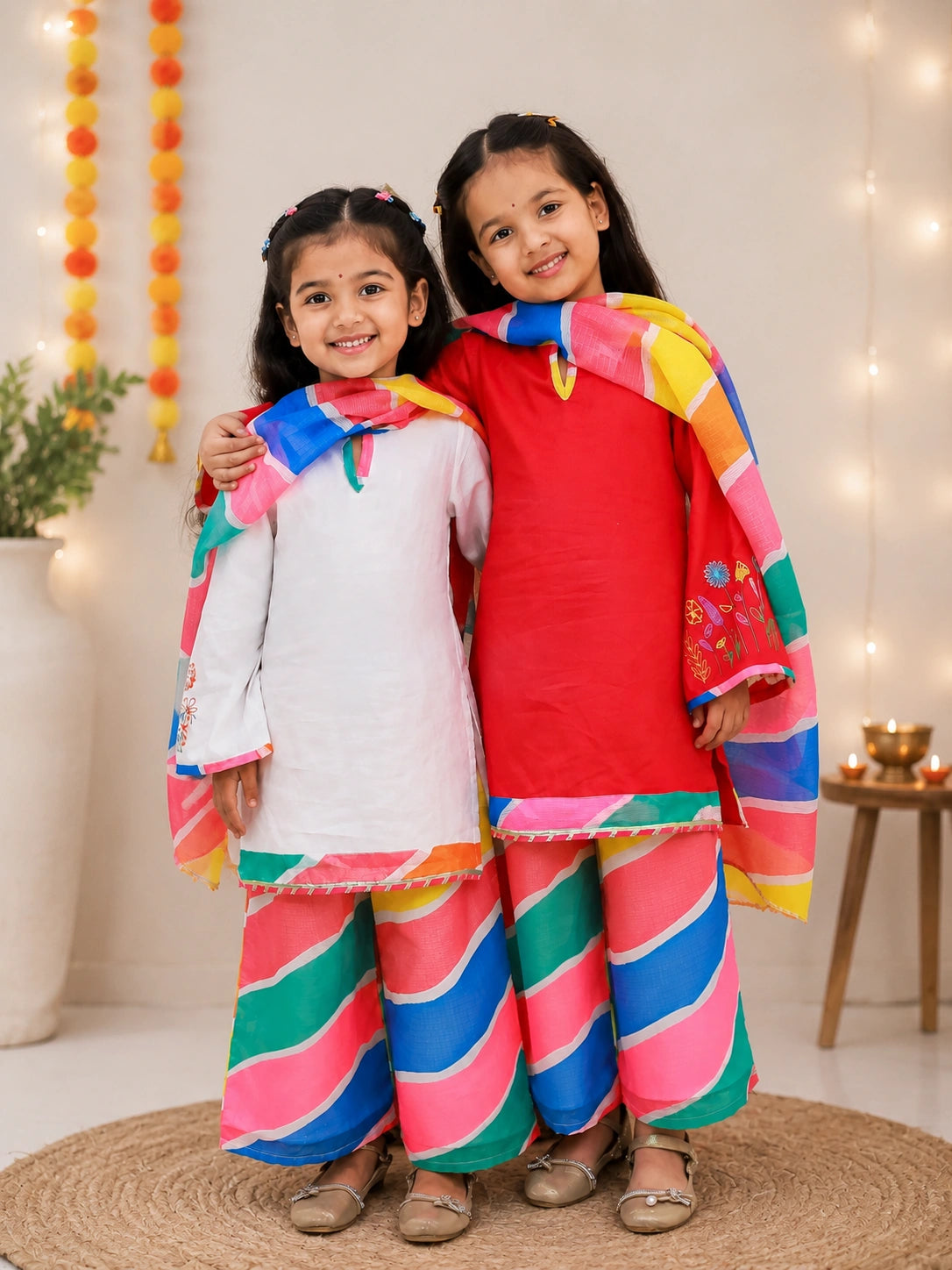 Embroidered Quater Sleeves Suit Set With Dupatta Sibling Set Maroon & White Combo