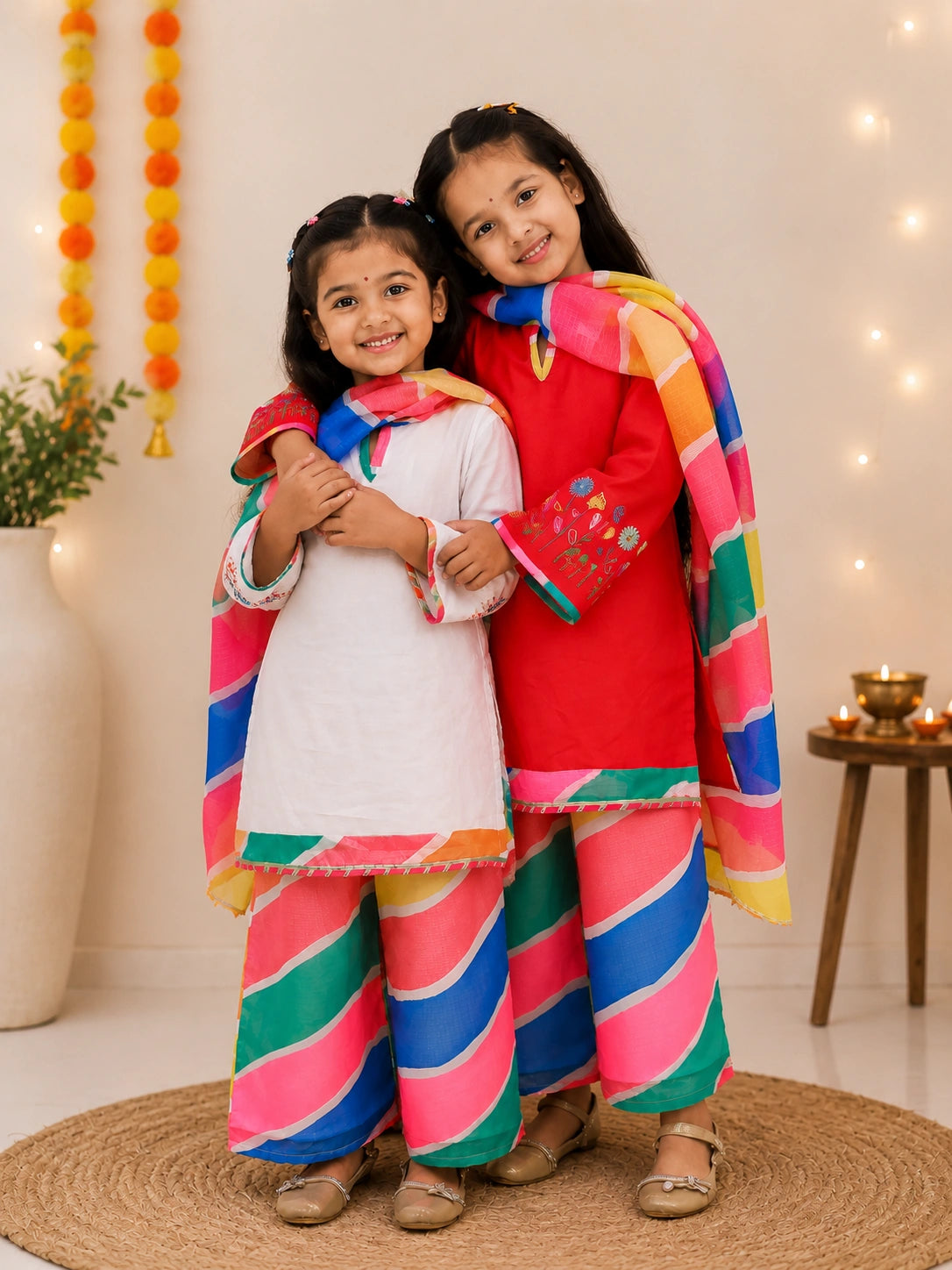 Embroidered Quater Sleeves Suit Set With Dupatta Sibling Set Maroon & White Combo