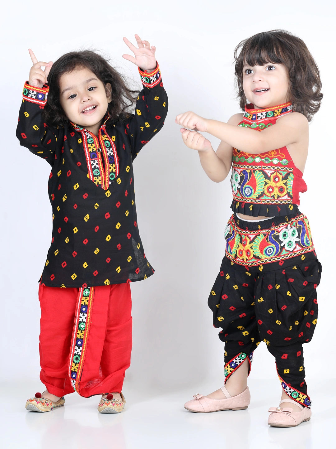 Bandhani Print Cotton Full Sleeve Dhoti Kurta For Boys and Black Halter Neck Choli With Dhoti For Girls-Black