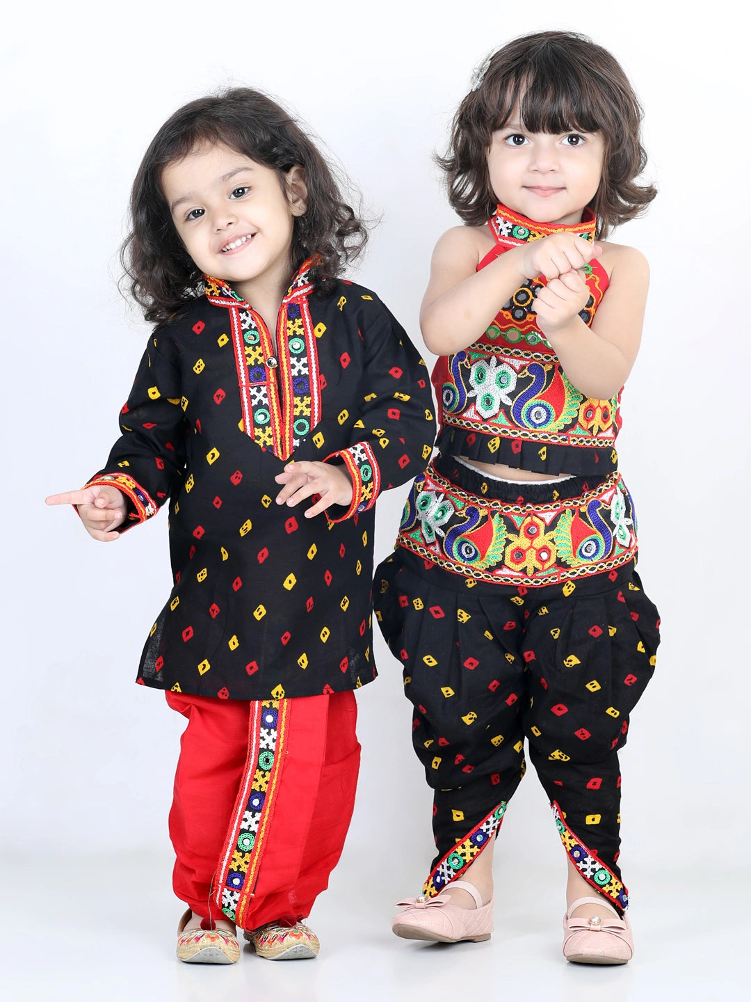 Bandhani Print Cotton Full Sleeve Dhoti Kurta For Boys and Black Halter Neck Choli With Dhoti For Girls-Black