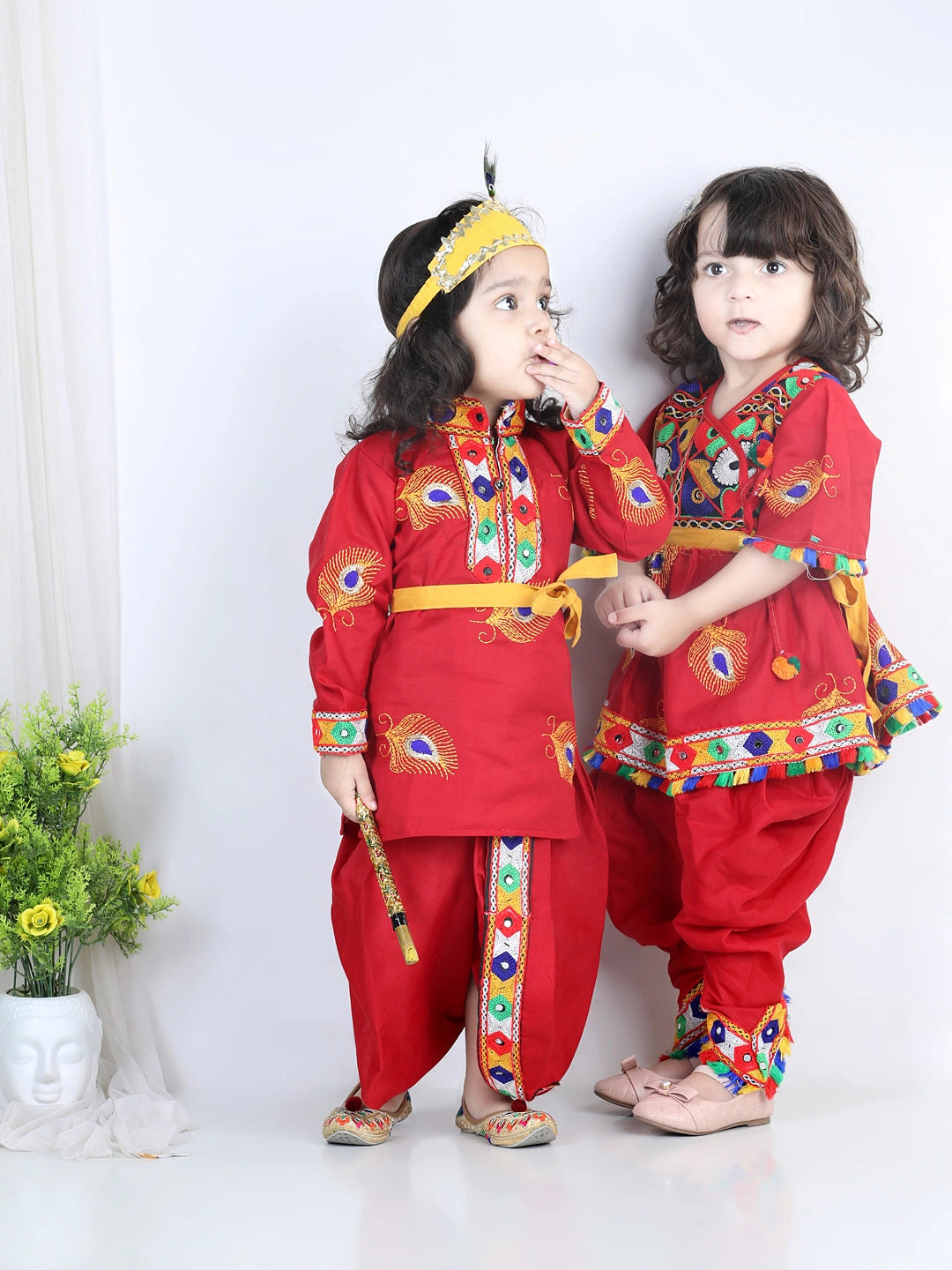 BownBee Embroidered Krishna Kanhaiya Dhoti Kurta and Radha Indo western Top Dhoti with Mukut Bansuri Belt
