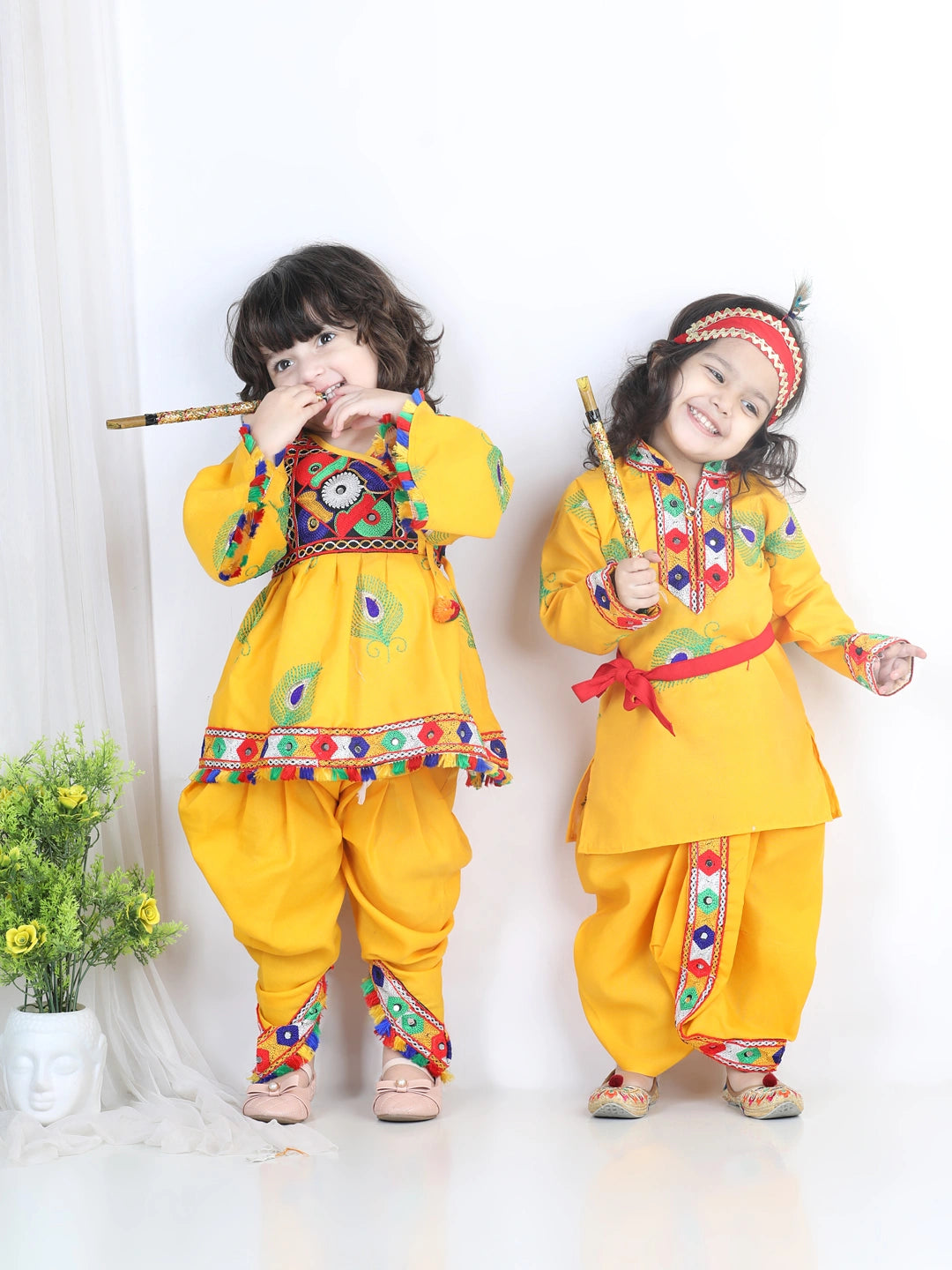 BownBee Embroidered Krishna Kanhaiya Dhoti Kurta and Radha Indo western Top Dhoti with Mukut Bansuri Belt -Yellow