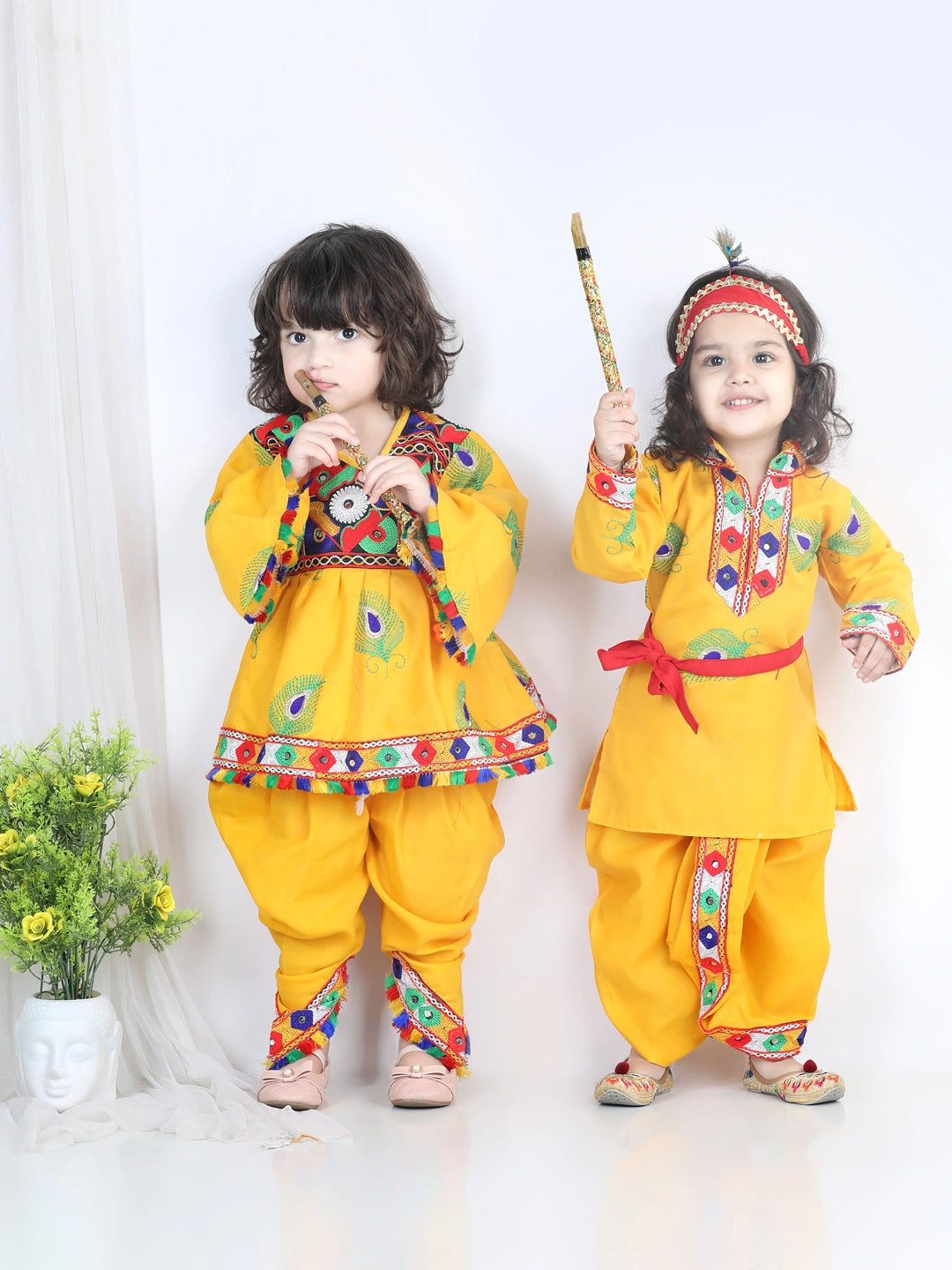 BownBee Embroidered Krishna Kanhaiya Dhoti Kurta and Radha Indo western Top Dhoti with Mukut Bansuri Belt -Yellow