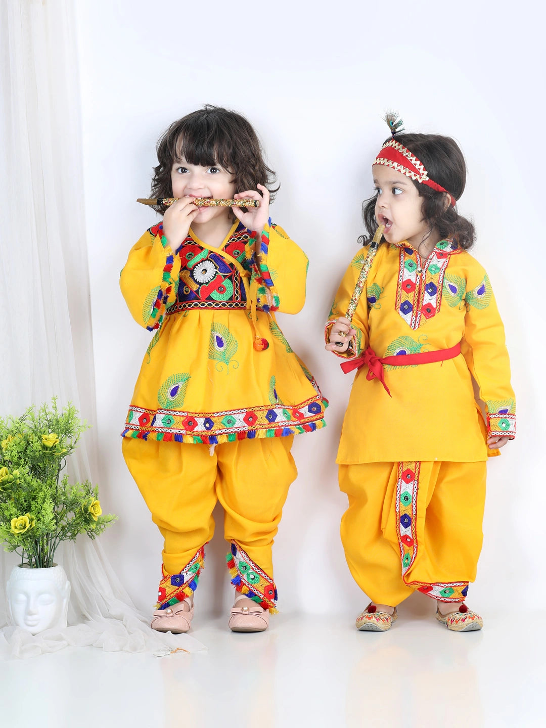 BownBee Embroidered Krishna Kanhaiya Dhoti Kurta and Radha Indo western Top Dhoti with Mukut Bansuri Belt -Yellow