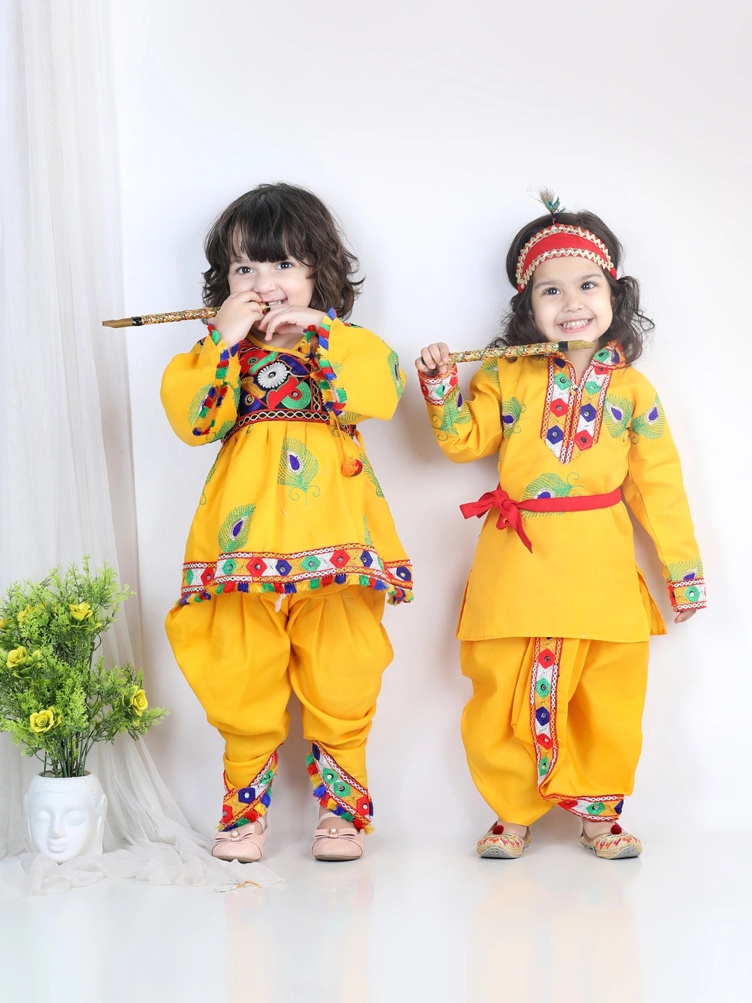 BownBee Embroidered Krishna Kanhaiya Dhoti Kurta and Radha Indo western Top Dhoti with Mukut Bansuri Belt -Yellow