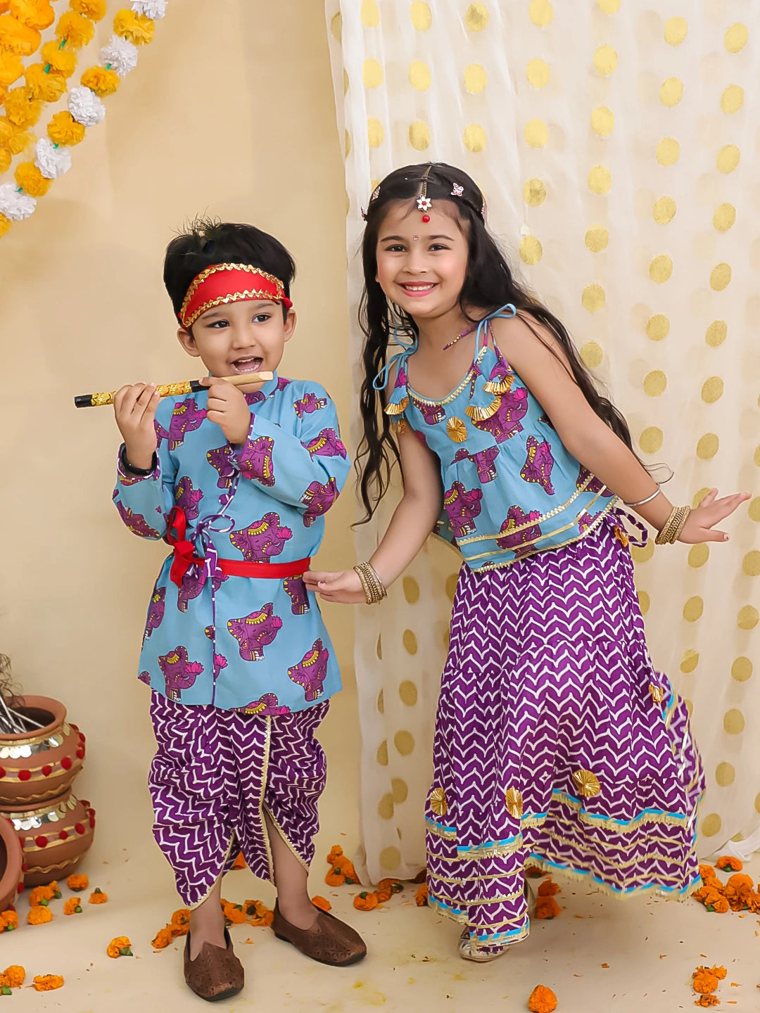 BownBee Festive Quirky Printed  Kanhaiya Dhoti Kurta With Lehenga Choli Sibling Set