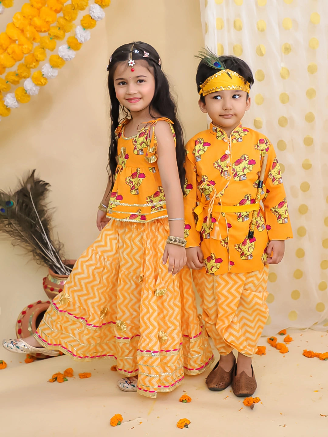 BownBee Festive Quirky Printed  Kanhaiya Dhoti Kurta With Lehenga Choli Sibling Set - Orange