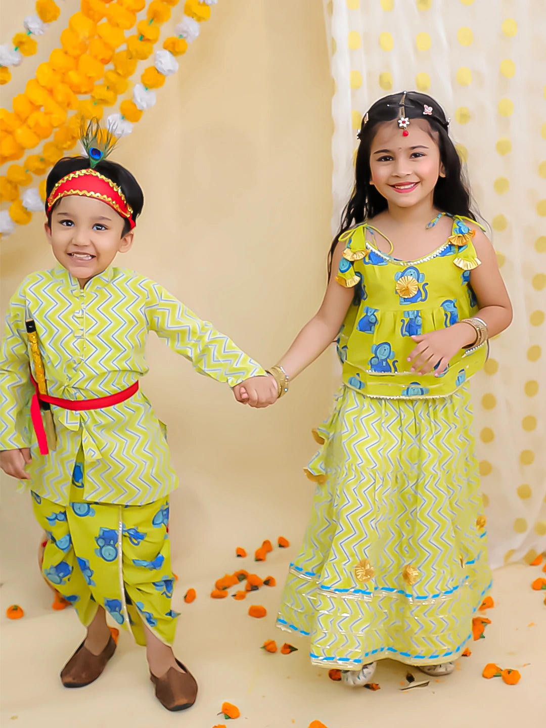 BownBee Festive Quirky Printed  Kanhaiya Dhoti Kurta With Lehenga Choli Sibling Set