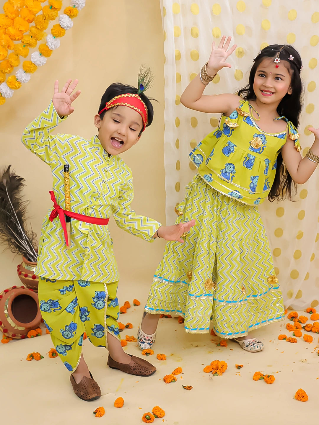 BownBee Festive Quirky Printed  Kanhaiya Dhoti Kurta With Lehenga Choli Sibling Set