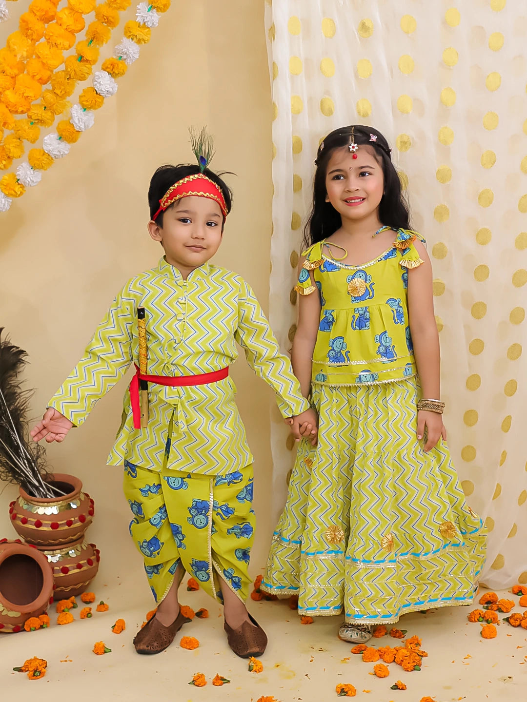 BownBee Festive Quirky Printed  Kanhaiya Dhoti Kurta With Lehenga Choli Sibling Set