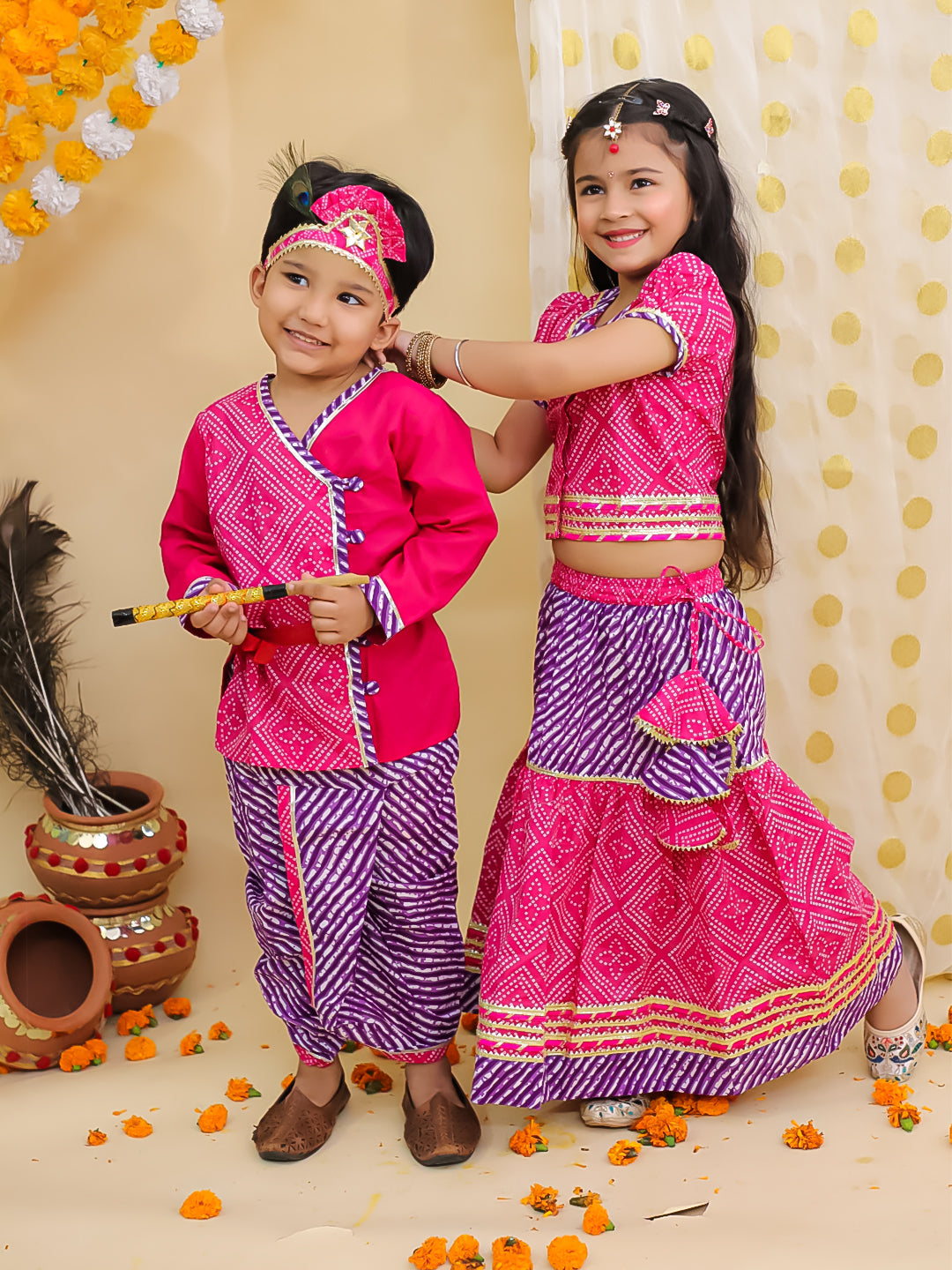 BownBee Festive Kanhaiya Dhoti Kurta With Lehenga Choli Sibling Set - Pink