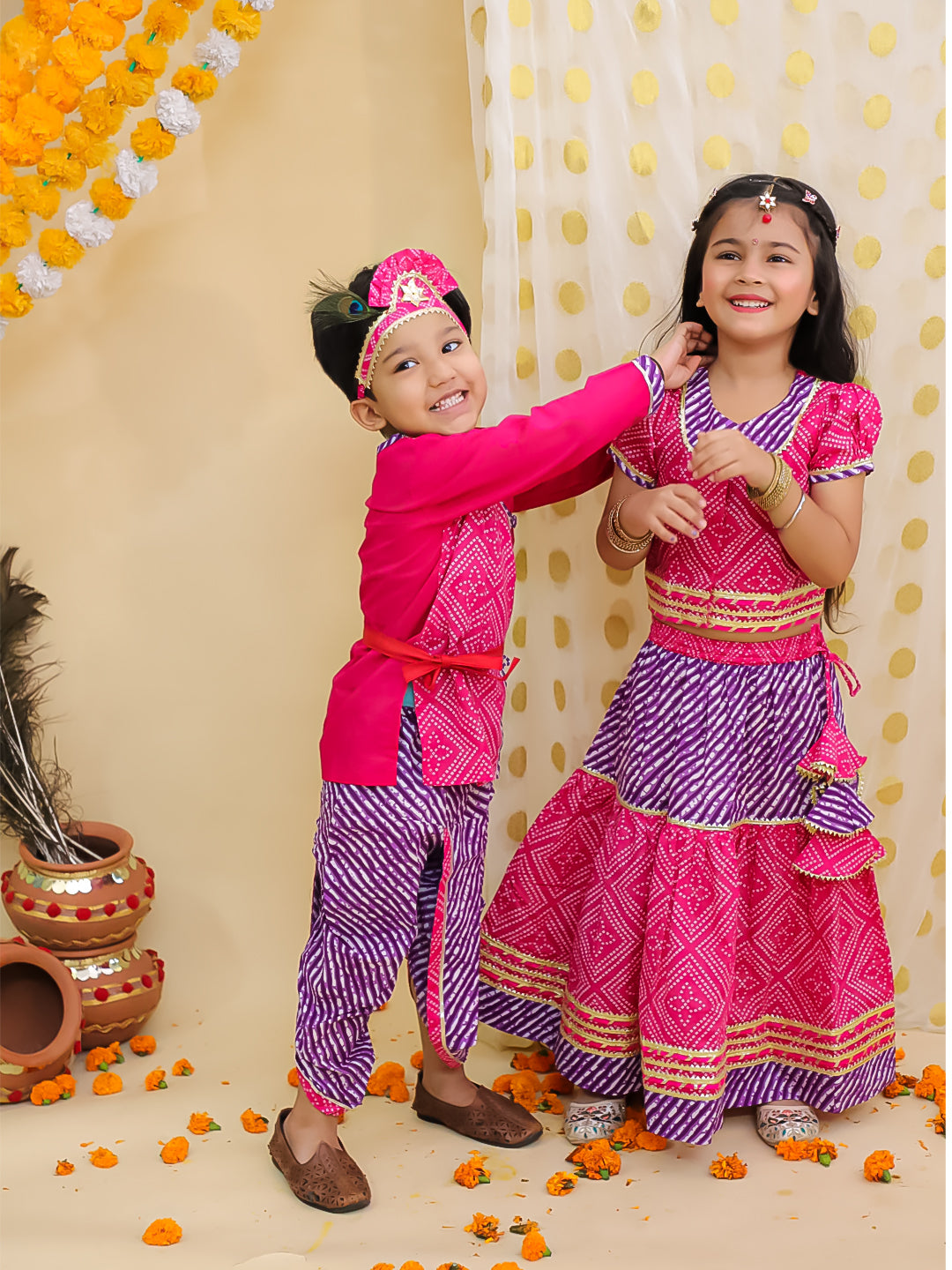 BownBee Festive Kanhaiya Dhoti Kurta With Lehenga Choli Sibling Set - Pink
