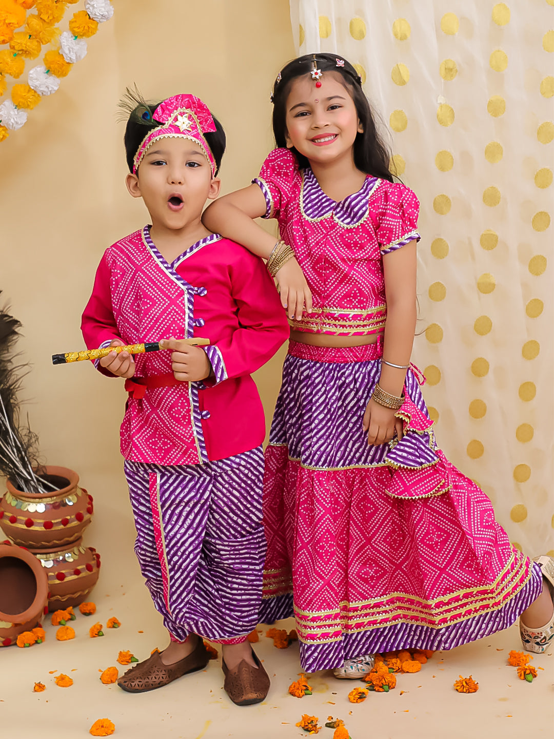 BownBee Festive Kanhaiya Dhoti Kurta With Lehenga Choli Sibling Set - Pink