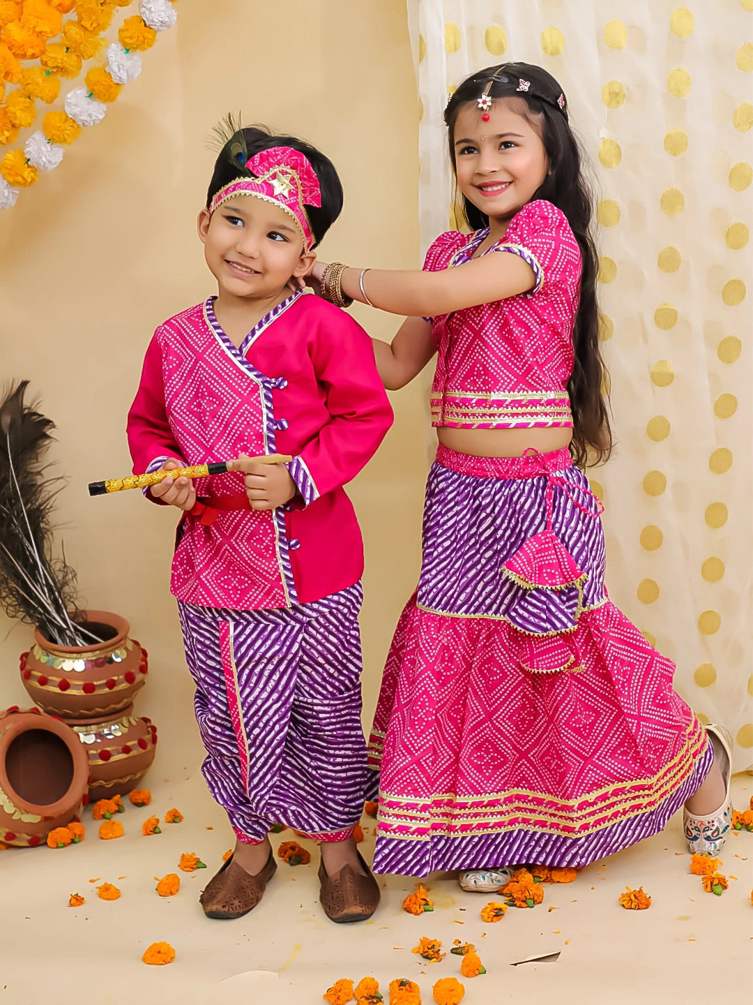 BownBee Festive Kanhaiya Dhoti Kurta With Lehenga Choli Sibling Set