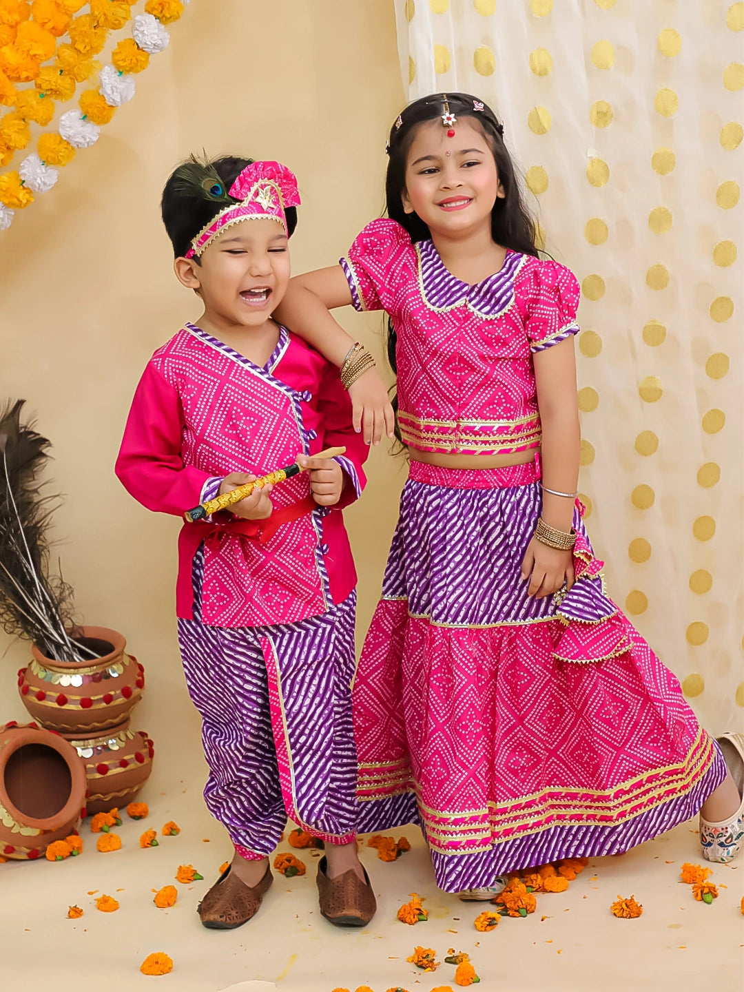 BownBee Festive Kanhaiya Dhoti Kurta With Lehenga Choli Sibling Set