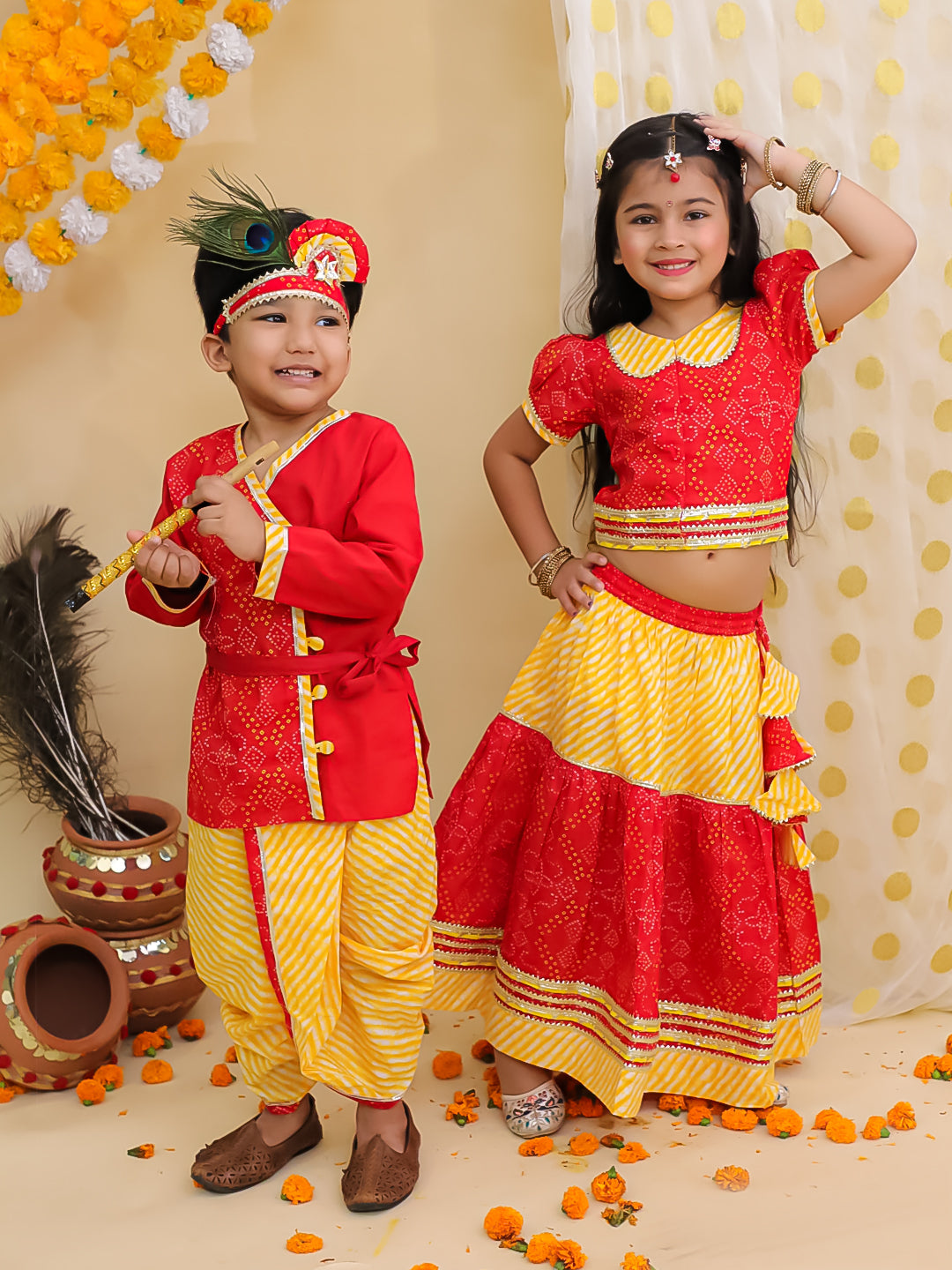 BownBee Festive Kanhaiya Dhoti Kurta With Lehenga Choli Sibling Set - Red