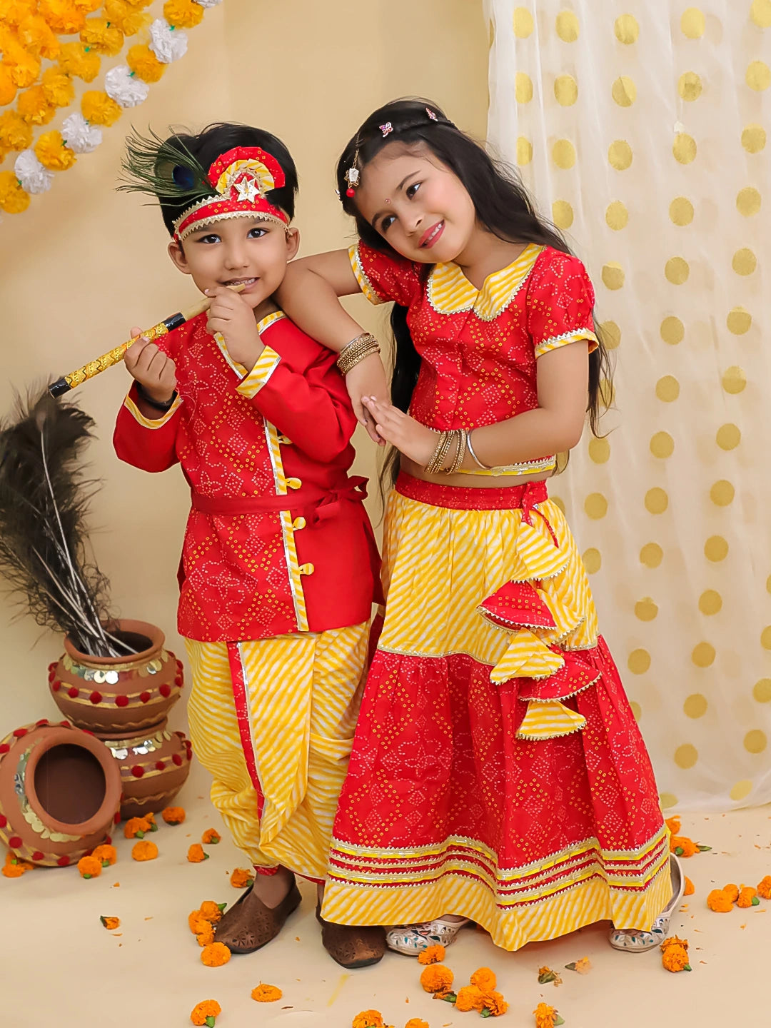 BownBee Festive Kanhaiya Dhoti Kurta With Lehenga Choli Sibling Set - Red