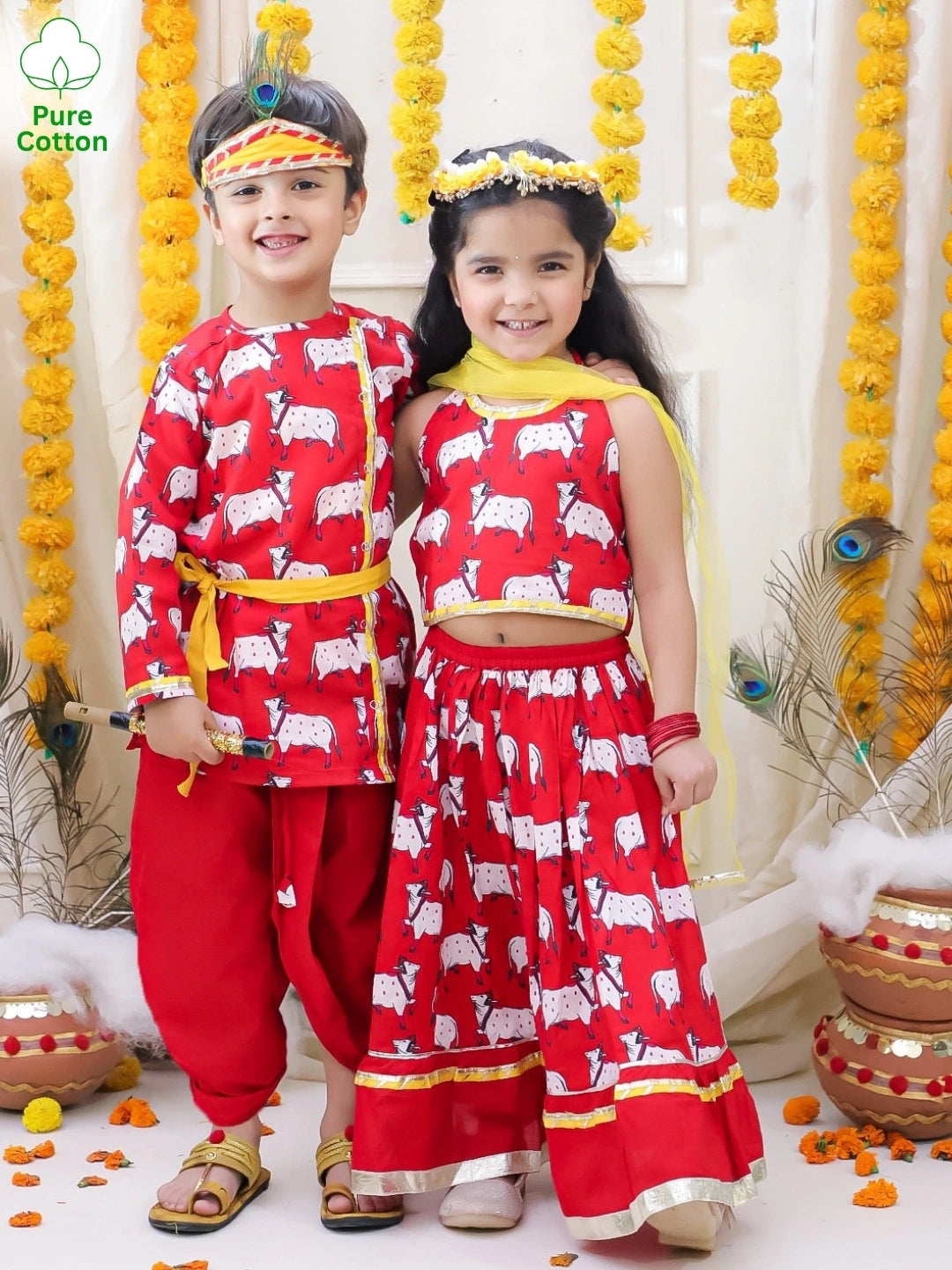 BownBee Pure Cotton Printed Dhoti Kurta & Lehenga Choli With Dupatta Sibling Set