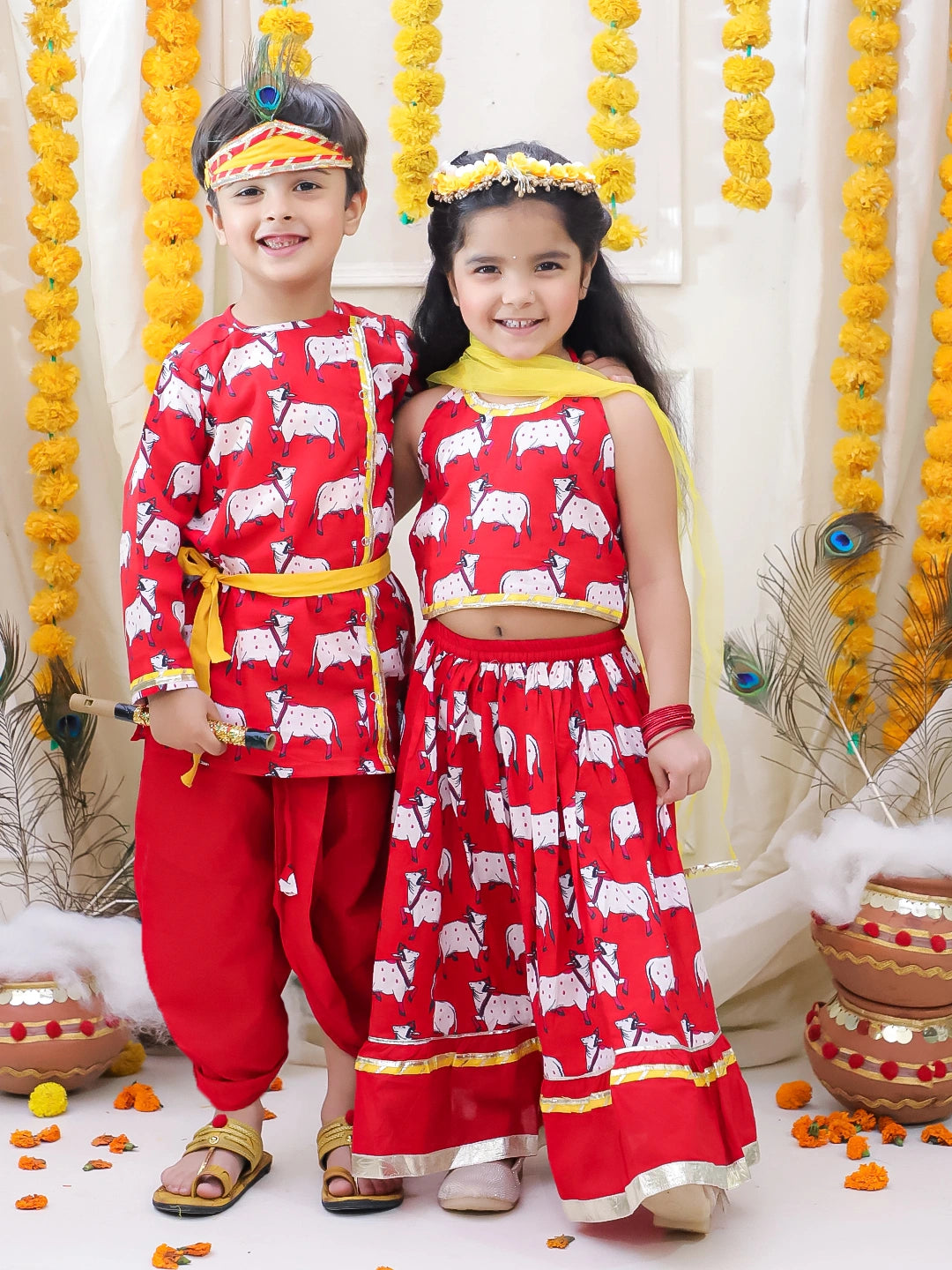 BownBee Pure Cotton Printed Dhoti Kurta & Lehenga Choli With Dupatta Sibling Set