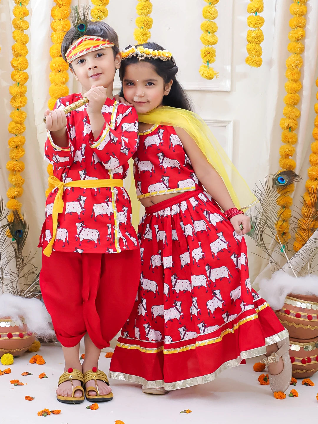 BownBee Pure Cotton Printed Dhoti Kurta & Lehenga Choli With Dupatta Sibling Set