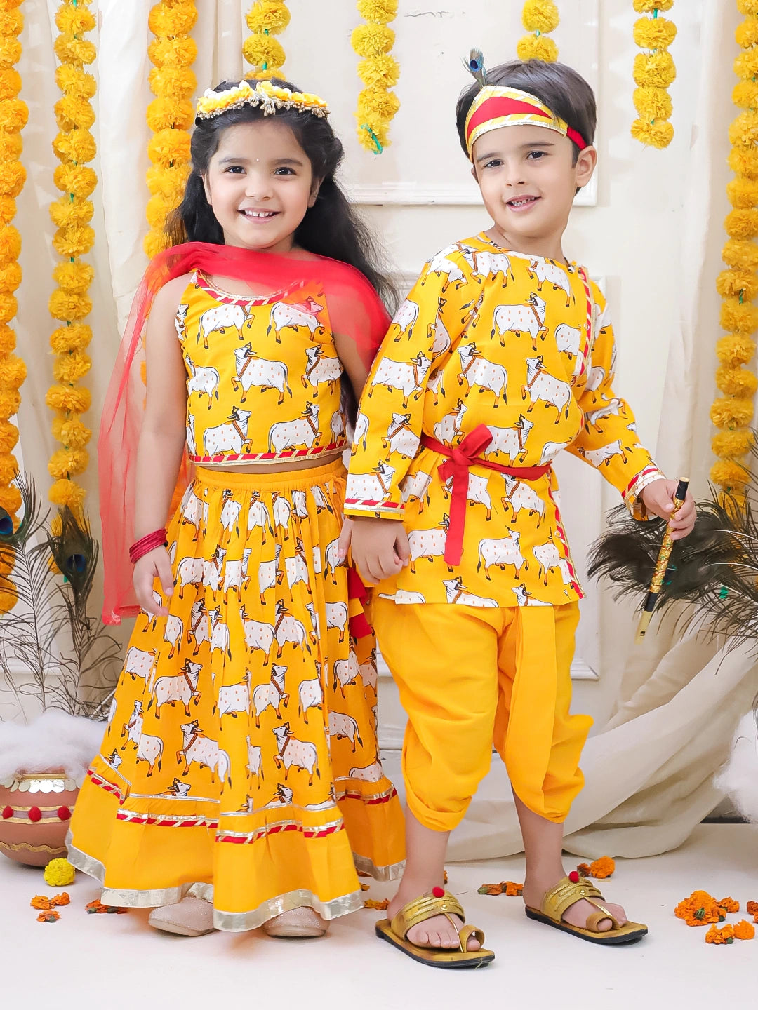 BownBee Pure Cotton Printed Dhoti Kurta & Lehenga Choli With Dupatta Sibling Set