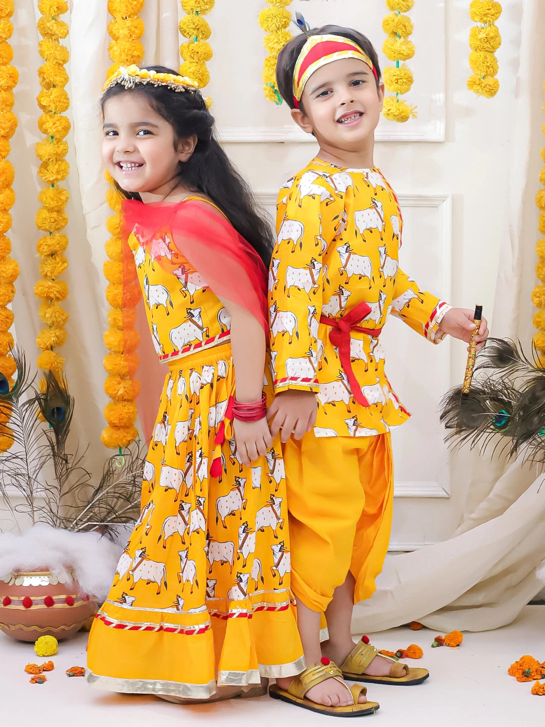 BownBee Pure Cotton Printed Dhoti Kurta & Lehenga Choli With Dupatta Sibling Set