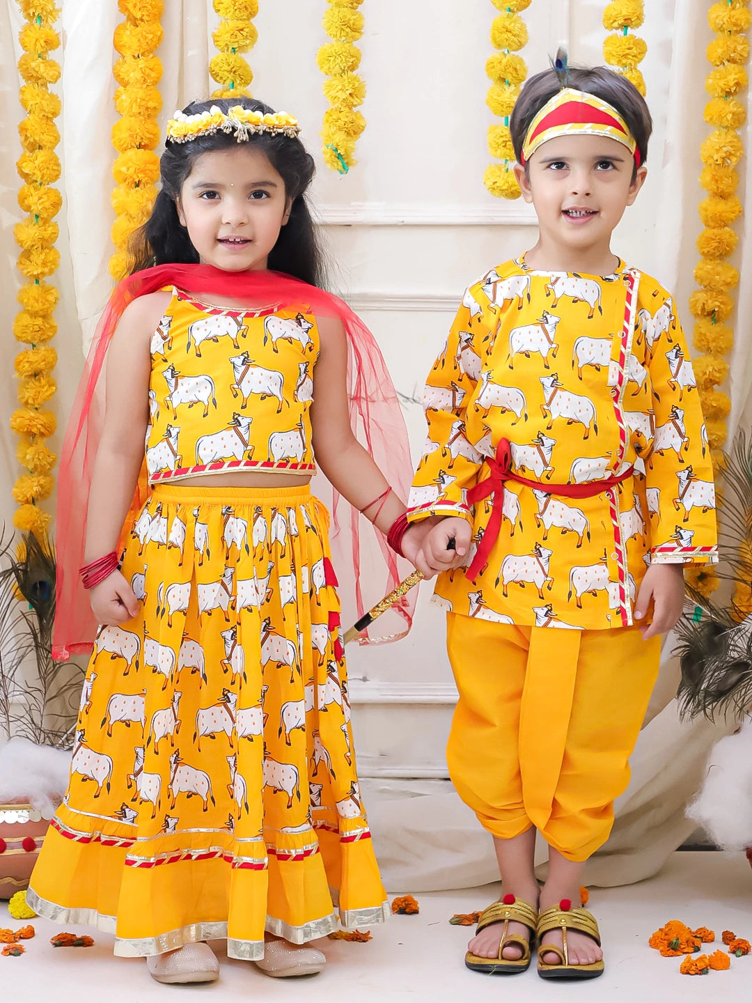 BownBee Pure Cotton Printed Dhoti Kurta & Lehenga Choli With Dupatta Sibling Set