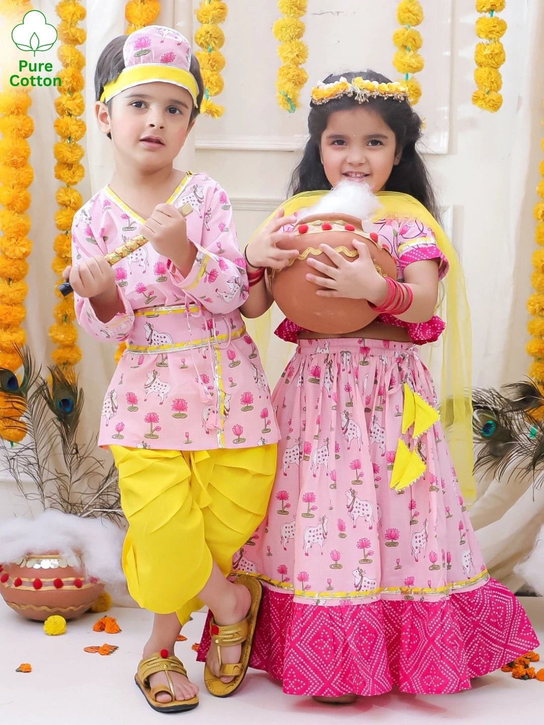 BownBee Pure Cotton Printed Dhoti Kurta & Lehenga Choli With Dupatta Sibling Set