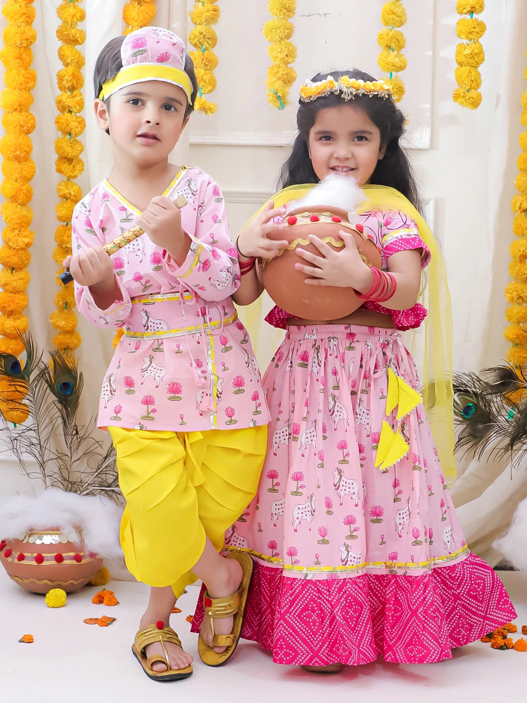 BownBee Pure Cotton Printed Dhoti Kurta & Lehenga Choli With Dupatta Sibling Set