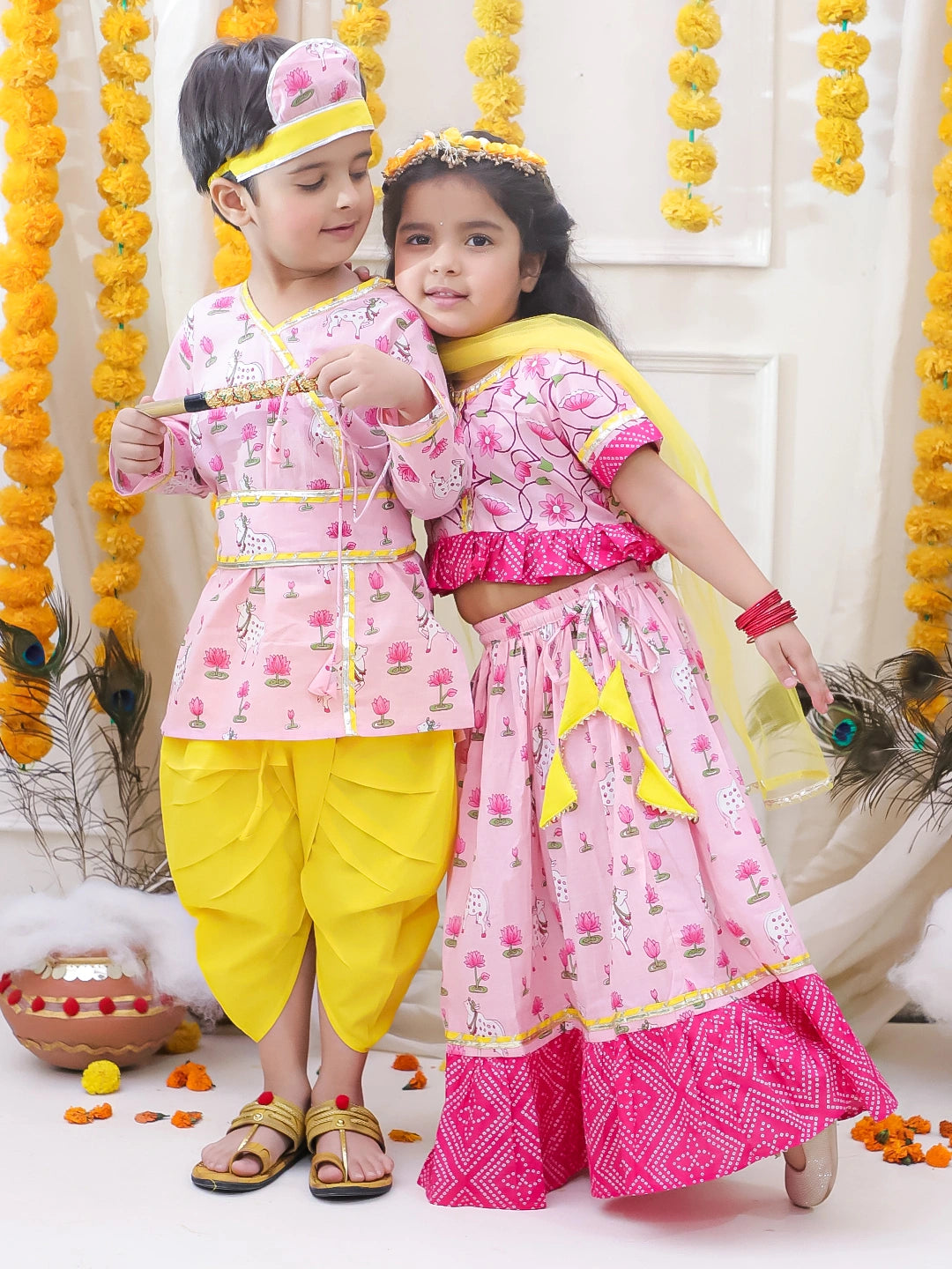 BownBee Pure Cotton Printed Dhoti Kurta & Lehenga Choli With Dupatta Sibling Set