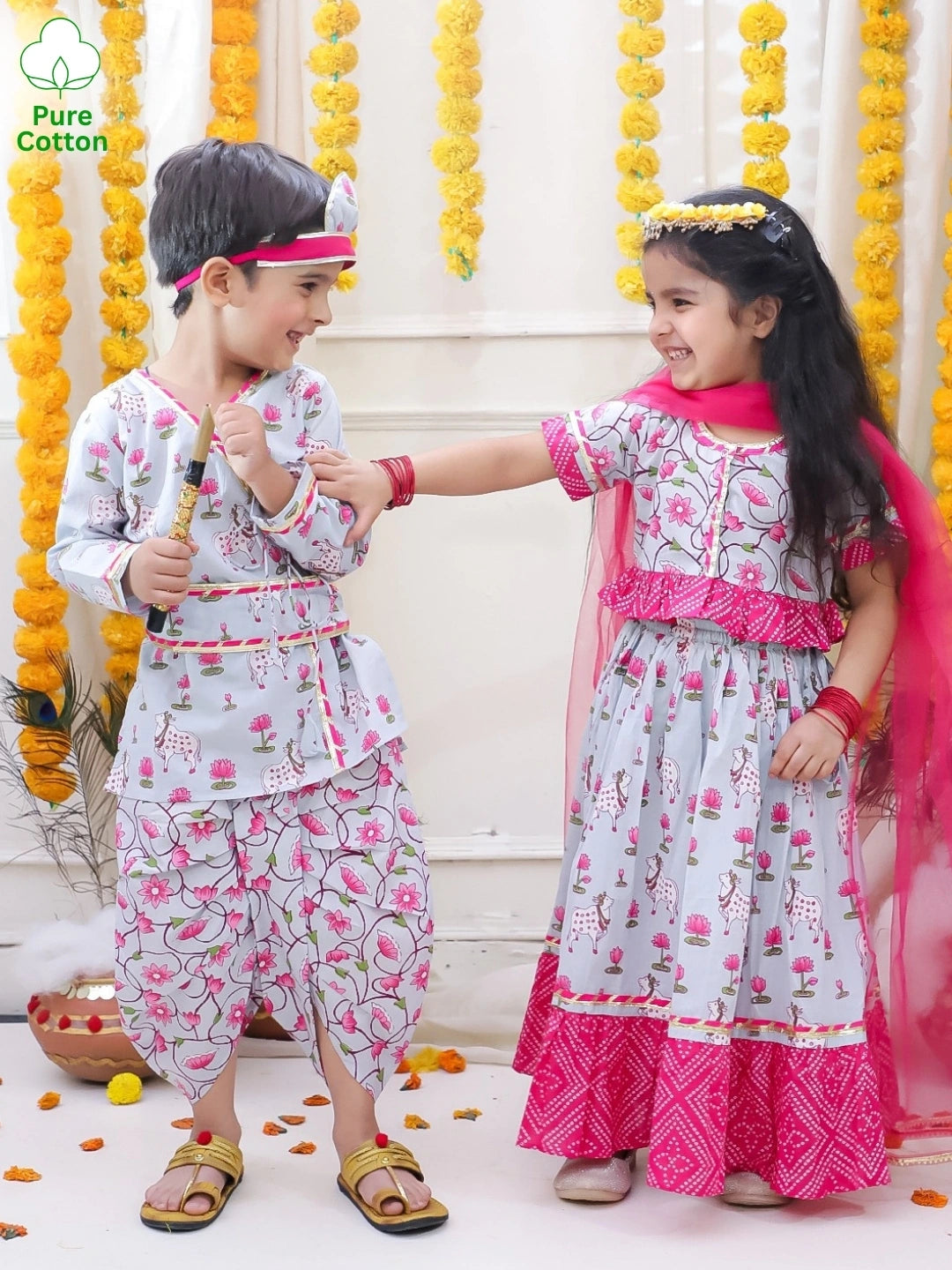 BownBee Pure Cotton Printed Dhoti Kurta & Lehenga Choli With Dupatta Sibling Set