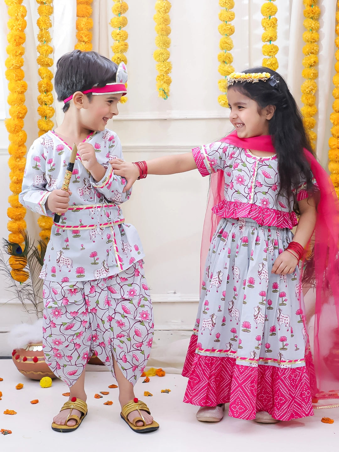 BownBee Pure Cotton Printed Dhoti Kurta & Lehenga Choli With Dupatta Sibling Set