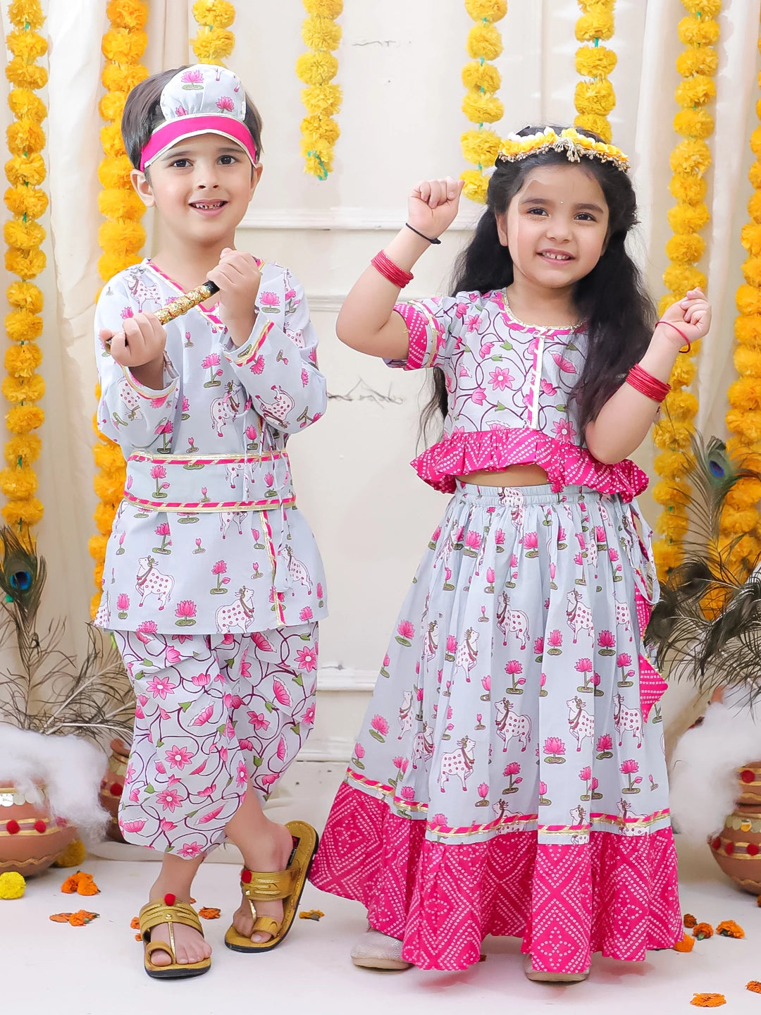 BownBee Pure Cotton Printed Dhoti Kurta & Lehenga Choli With Dupatta Sibling Set