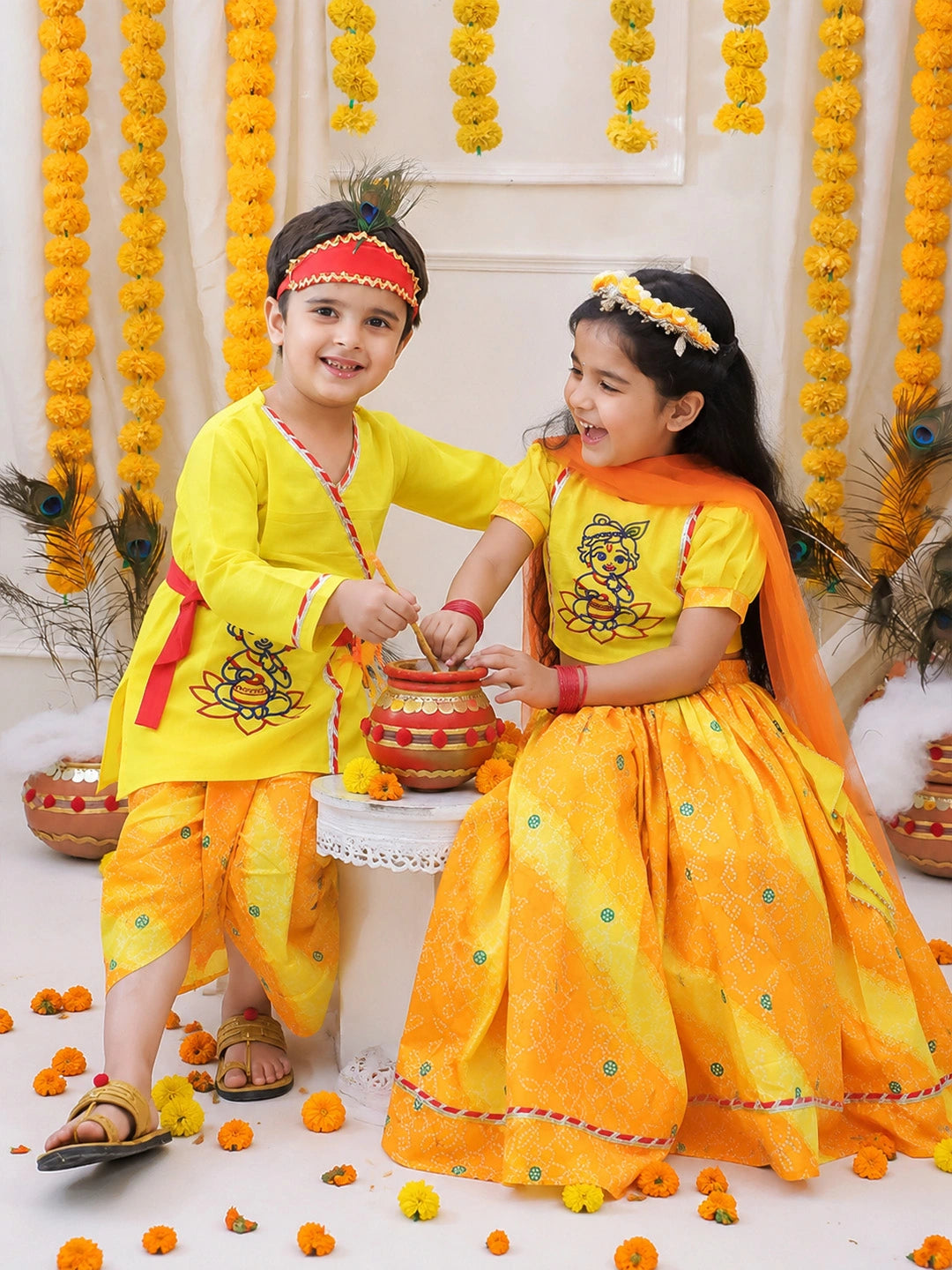 BownBee Pure Cotton Embroidered Dhoti Kurta & Lehenga Choli With Dupatta  Sibling Set