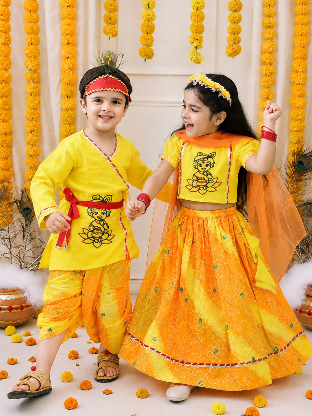 BownBee Pure Cotton Embroidered Dhoti Kurta & Lehenga Choli With Dupatta  Sibling Set