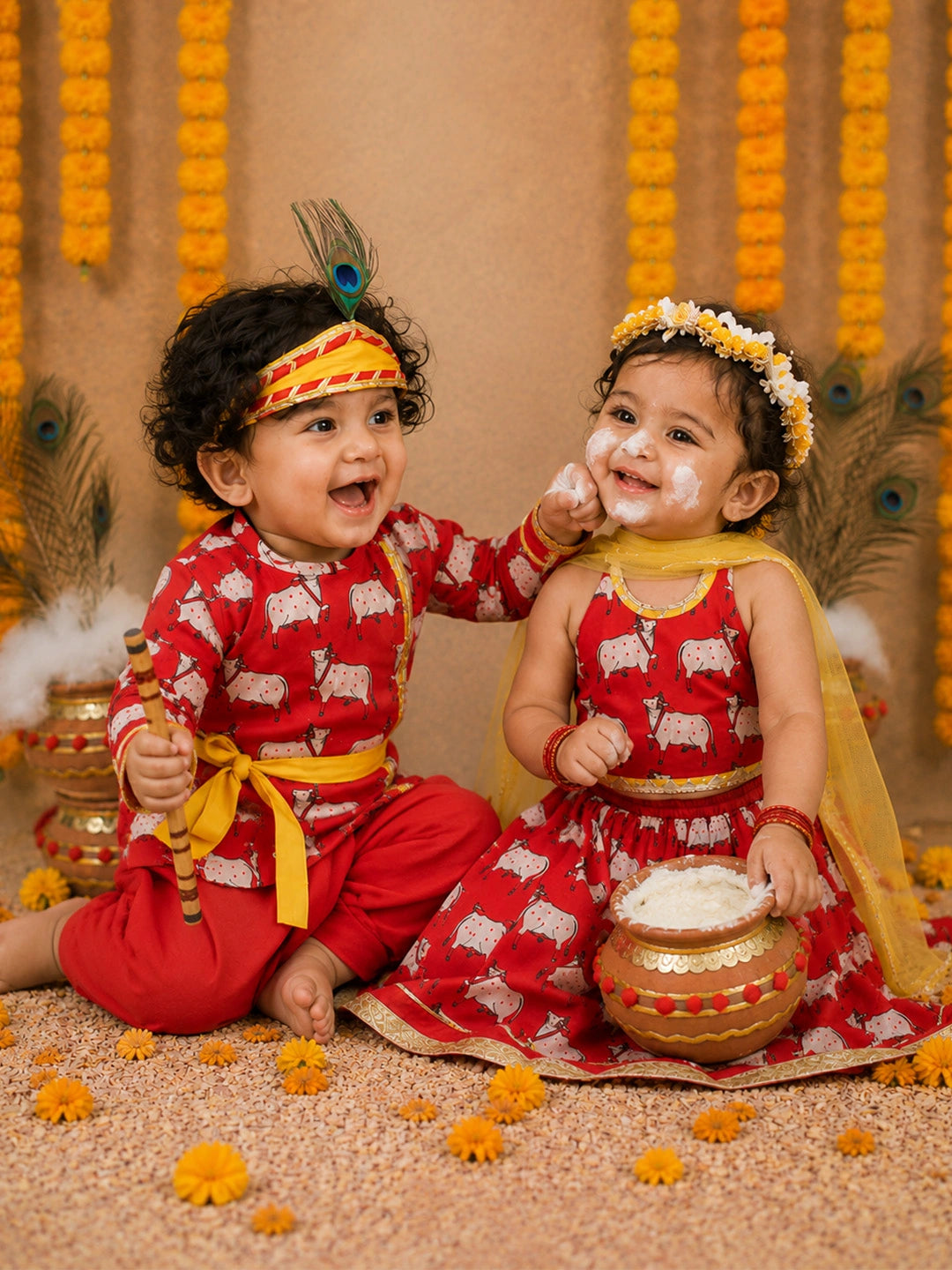 BownBee Pure Cotton Printed Dhoti Kurta & Lehenga Choli Infant Sibling Set