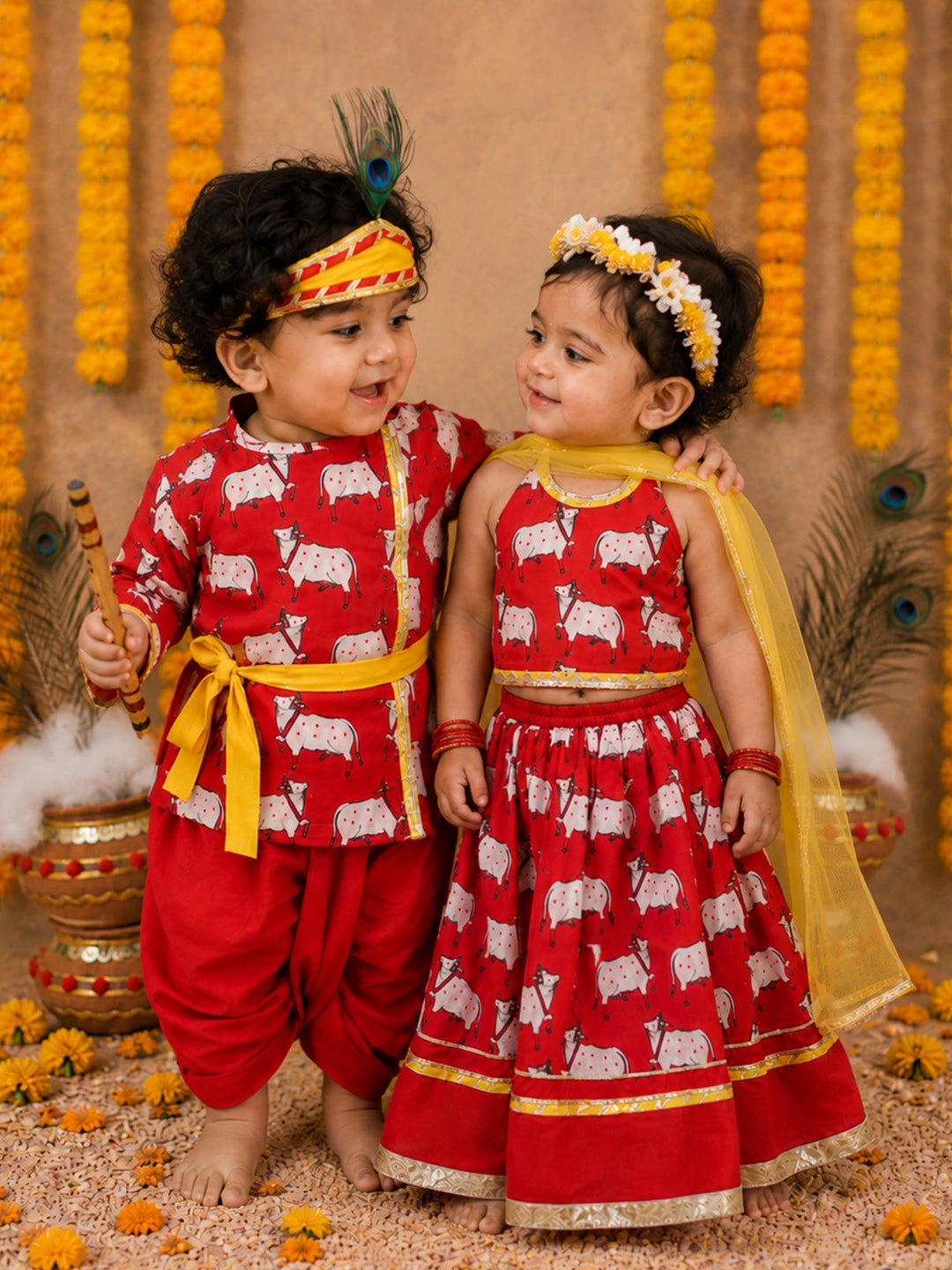 BownBee Pure Cotton Printed Dhoti Kurta & Lehenga Choli Infant Sibling Set