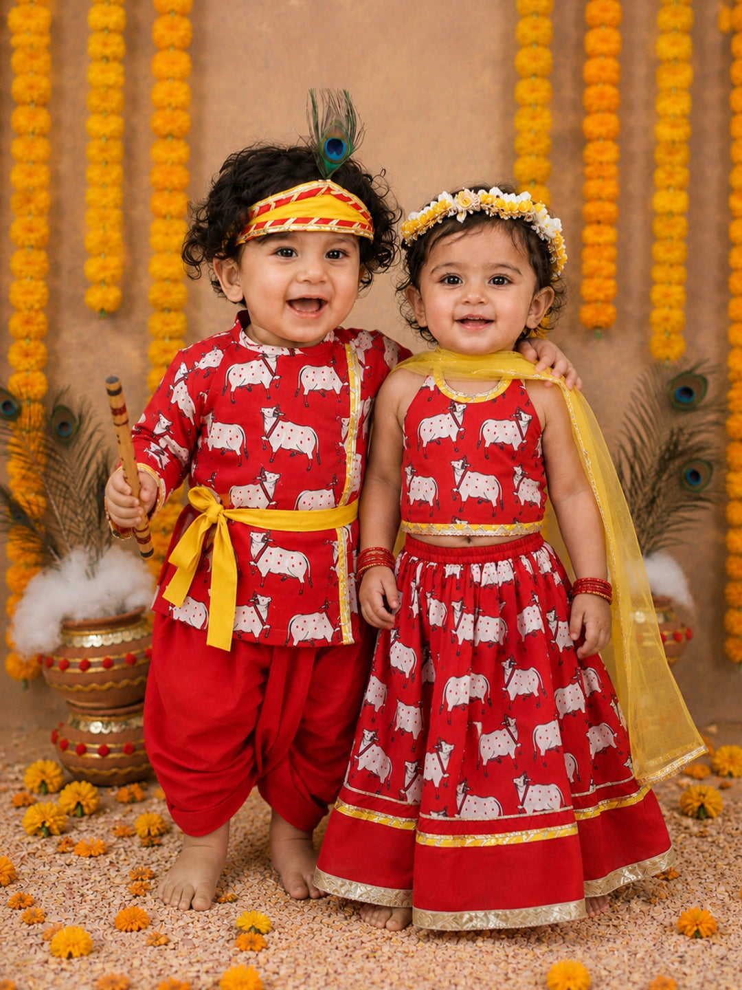 BownBee Pure Cotton Printed Dhoti Kurta & Lehenga Choli Infant Sibling Set