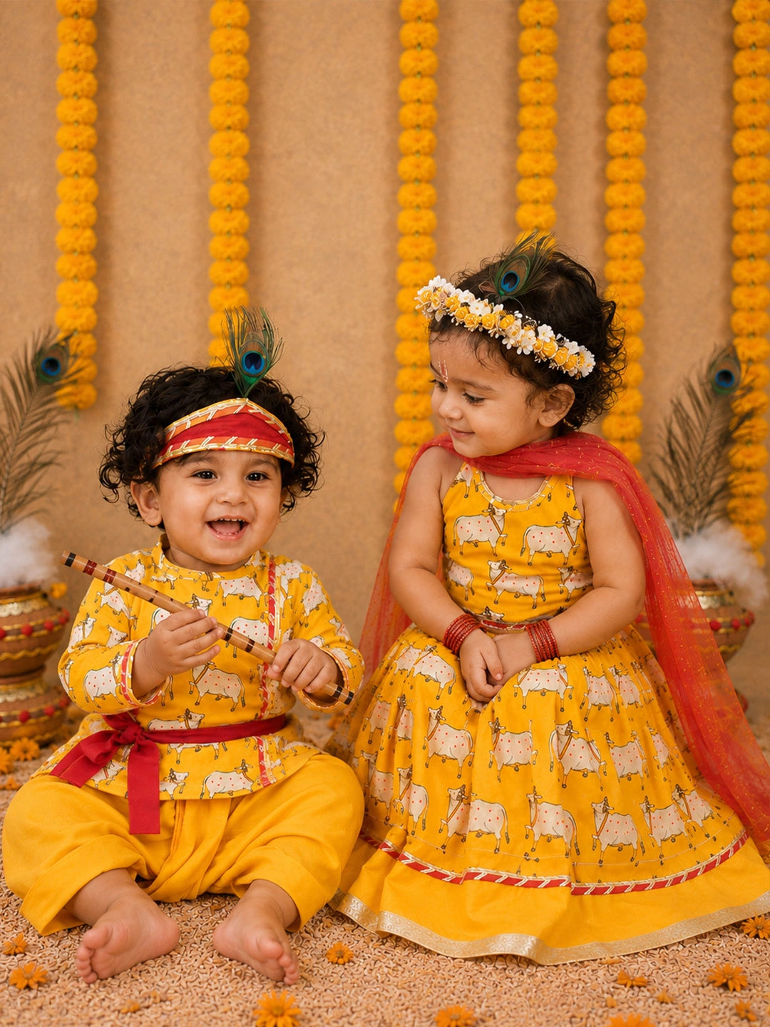 BownBee Pure Cotton Printed Dhoti Kurta & Lehenga Choli Infant Sibling Set