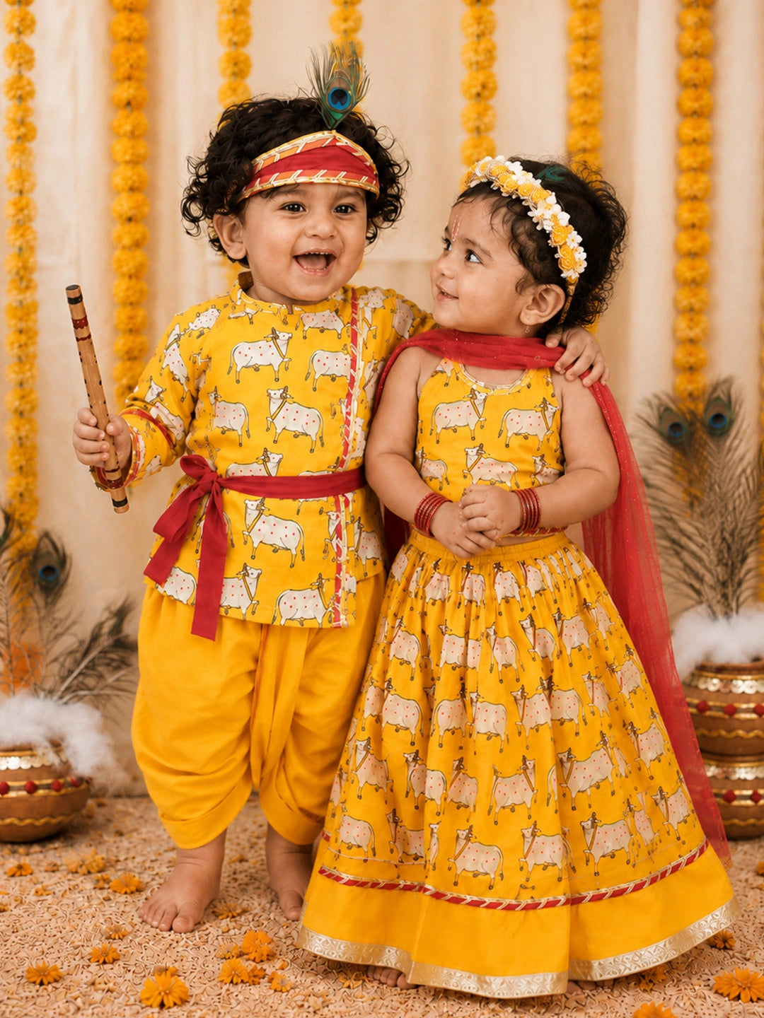 BownBee Pure Cotton Printed Dhoti Kurta & Lehenga Choli Infant Sibling Set