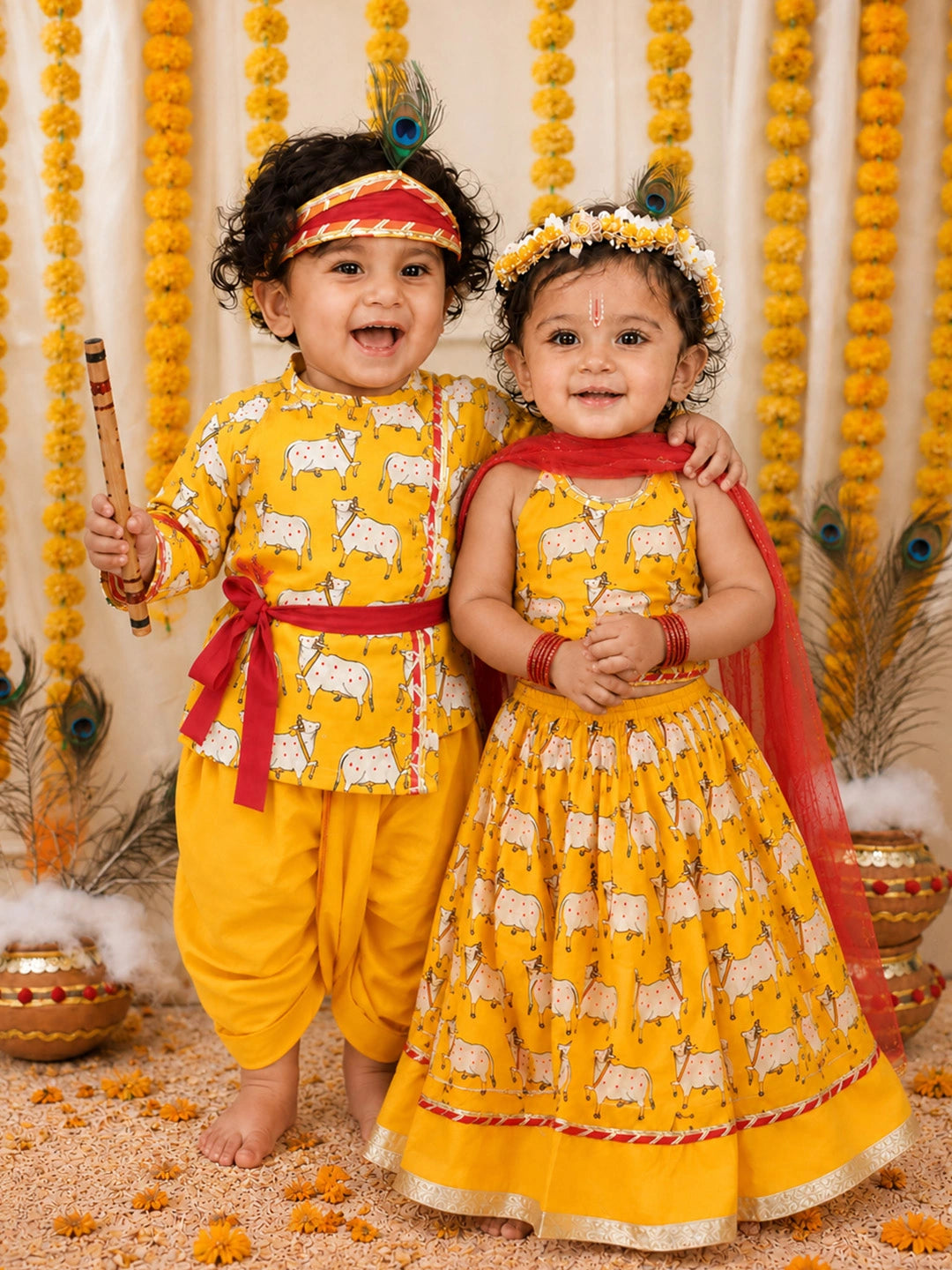 BownBee Pure Cotton Printed Dhoti Kurta & Lehenga Choli Infant Sibling Set