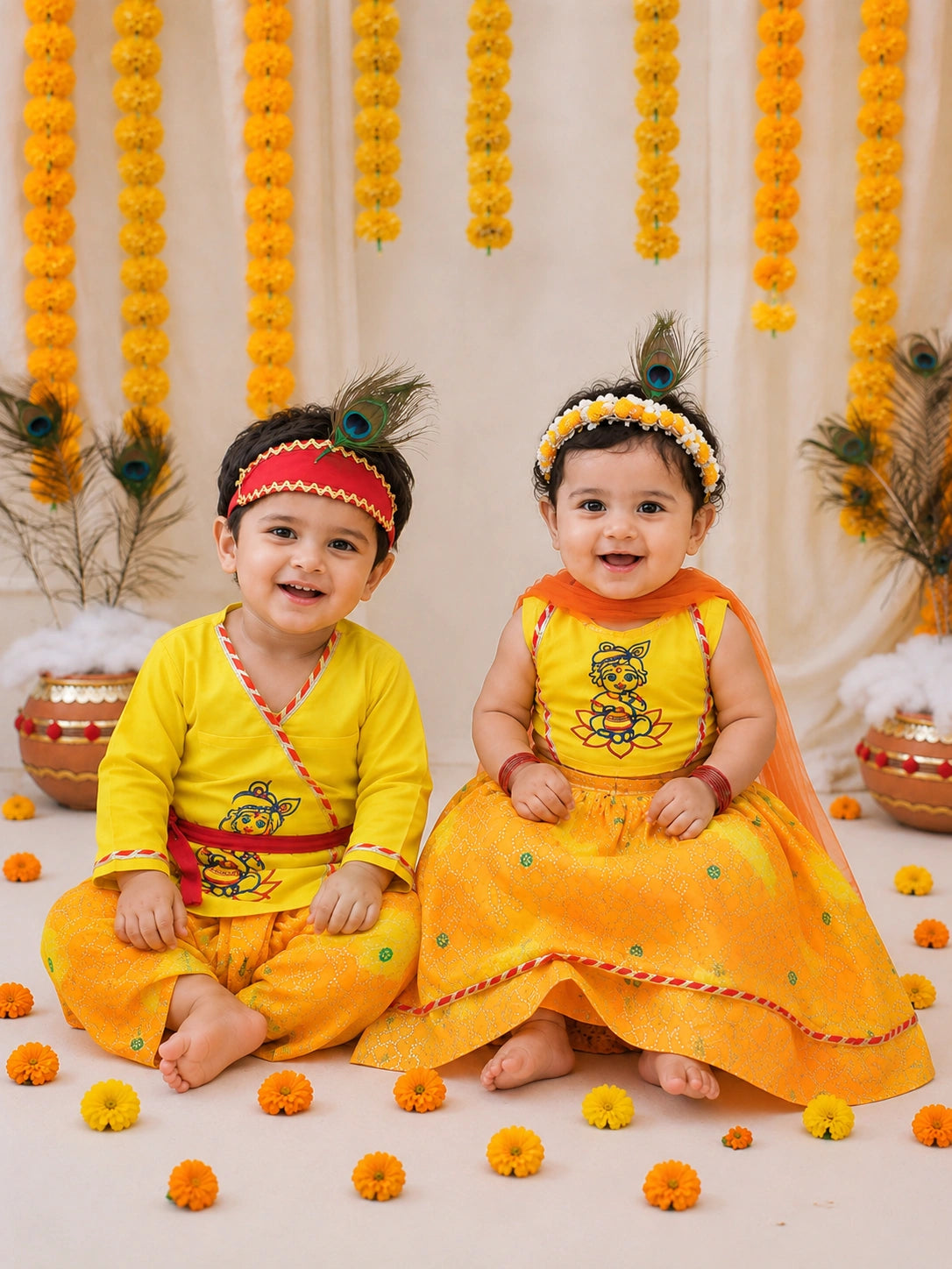 BownBee Pure Cotton Embroidered Dhoti Kurta & Lehenga Choli Infant Sibling Set